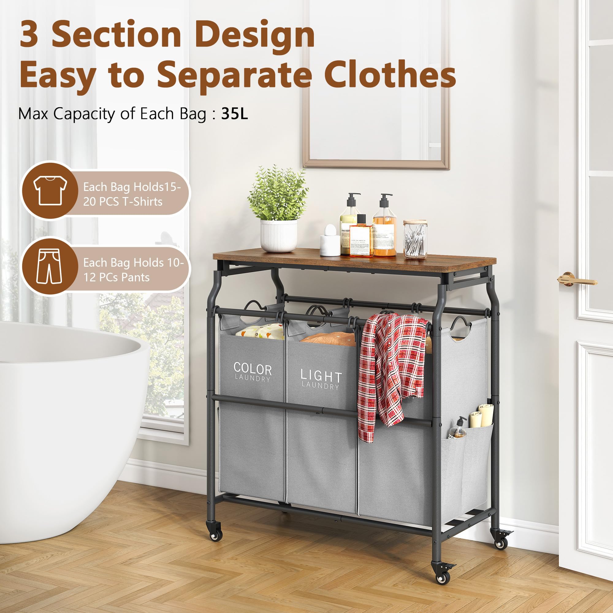 Hoctieon 3 Section Laundry Sorter Cart With Ironing Board, Laundry Hamper With Shelf And Rolling Wheels, Heavy Duty Laundry Bask