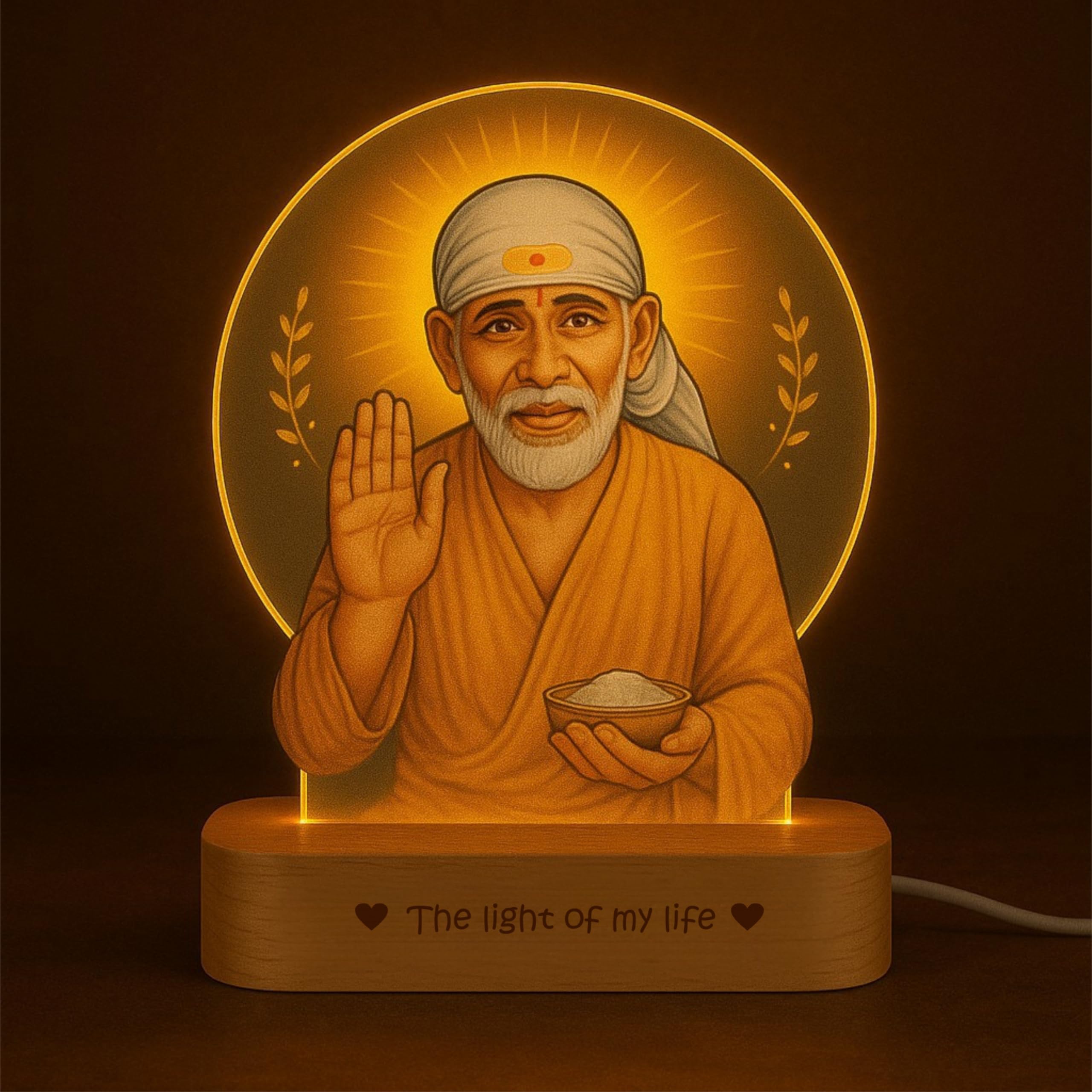 Zoci Voci Shirdi Sai Baba Led Lamp With Wooden Base  Spiritual Night Light For Pooja Room, Sai Baba Photo Frame Light For Home 