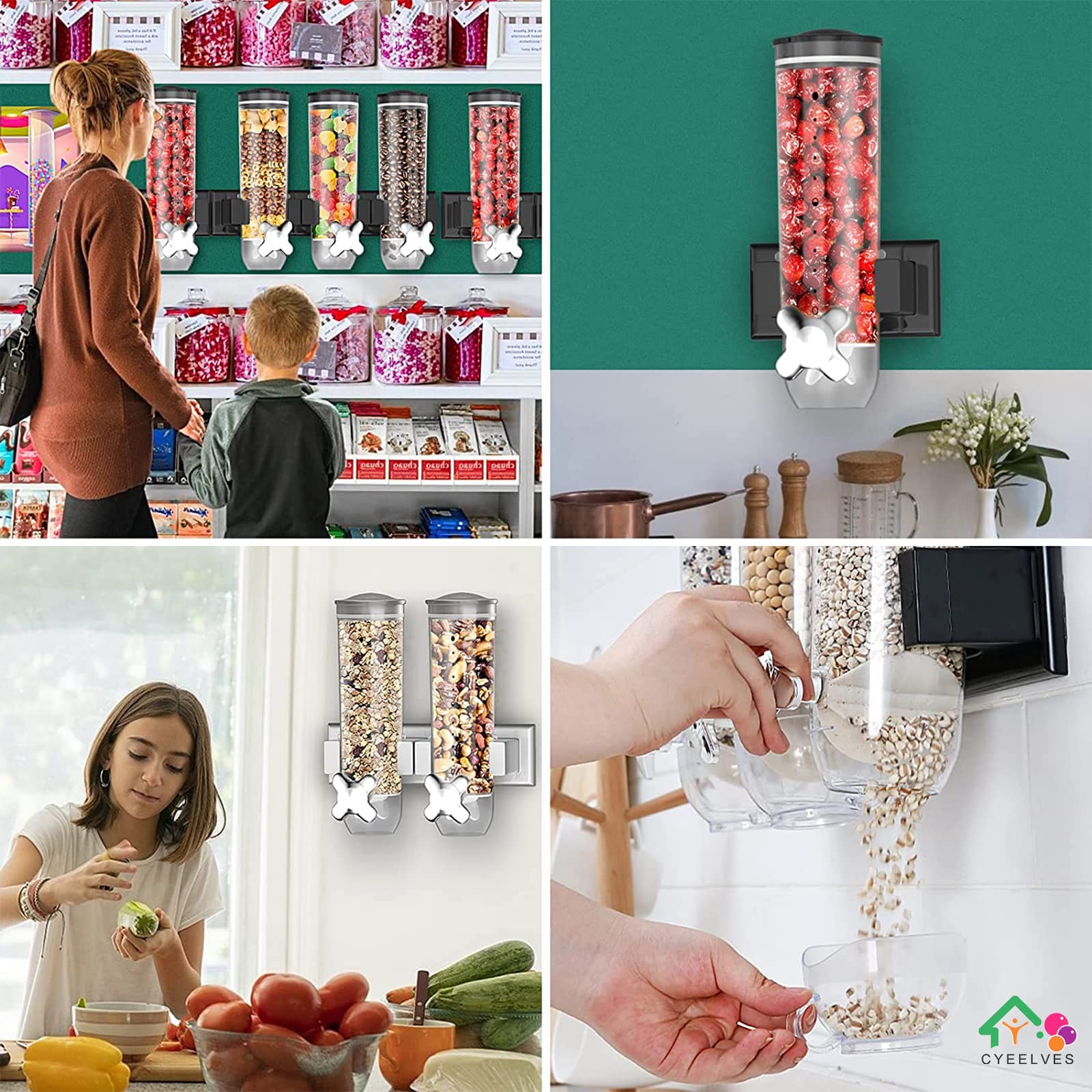 Cereal Dispenser, Food Dispenser Wall Mounted, Grain Dispenser Storage Containers With Cup, Single Control Candy Dispenser For S