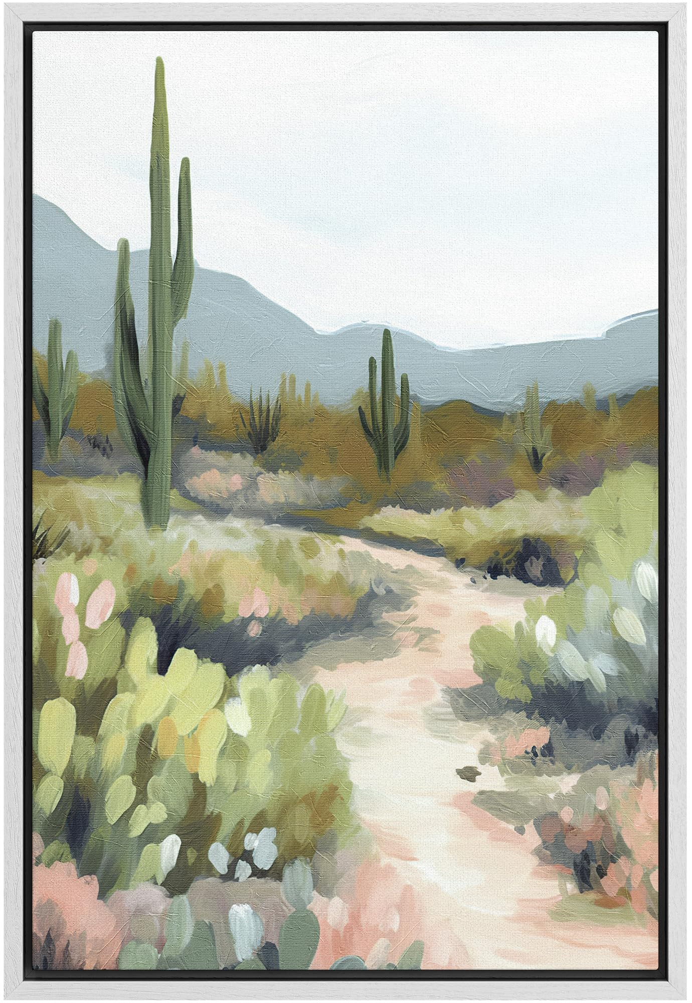 Signford Framed Canvas Print Wall Art Desert Path With Cacti Nature Wilderness Illustrations Modern Art Decorative Rustic Relax/