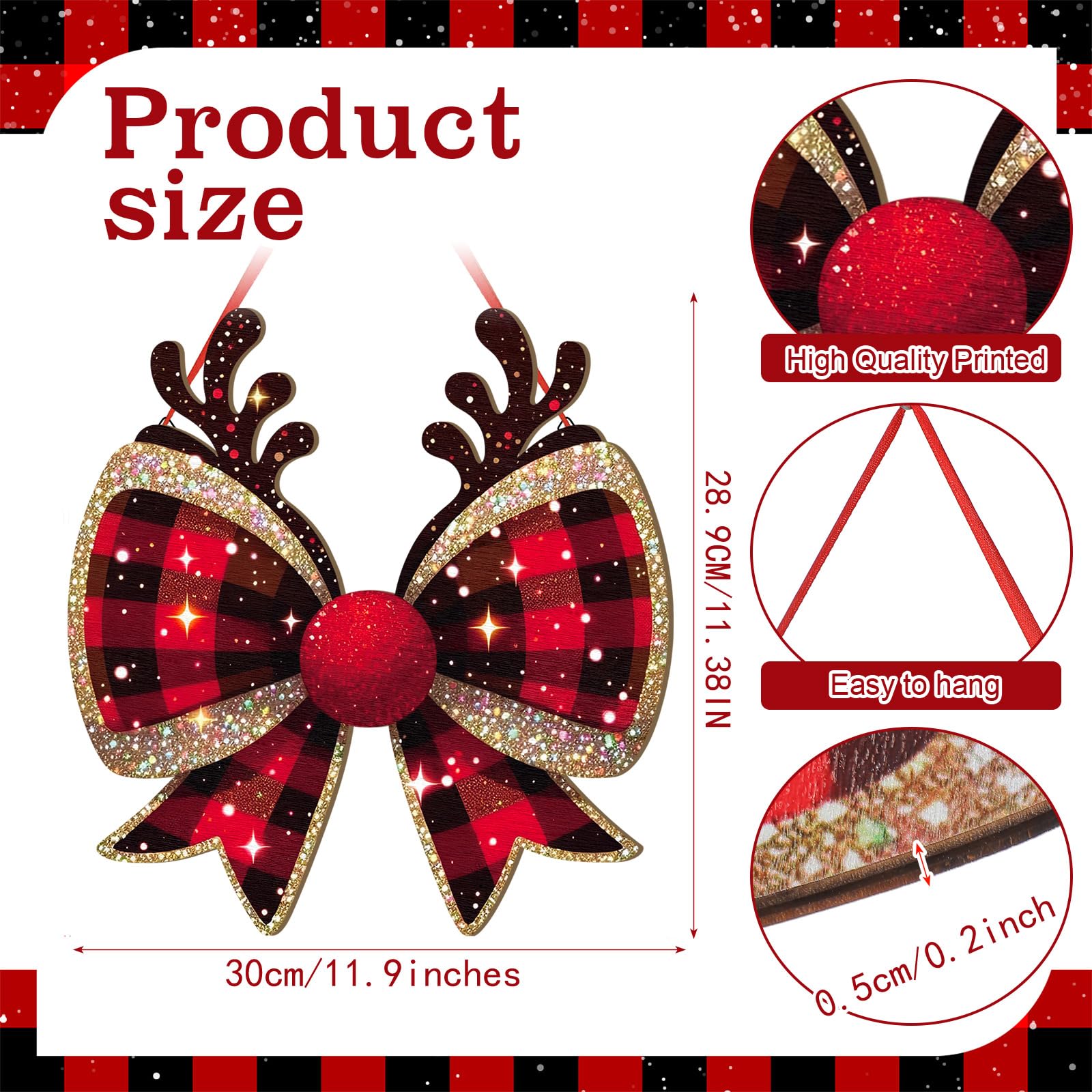 RattanView Christmas Bow Wooden Hanging Sign Red Plaid Reindeer Bow Wall Hanging Hanger Cute Preppy Wall Art Bowknot Welcome Doo