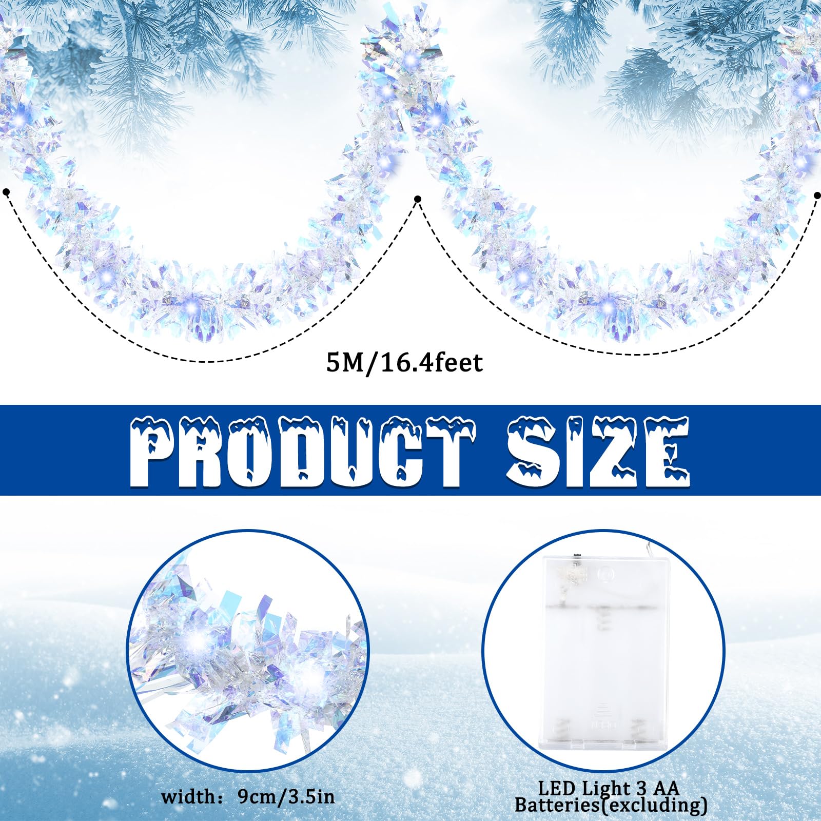 Kingdder 16.4 ft Christmas Prelit Tinsel Lighted Garland with 50 LED Lights Hanging Christmas Foil Tinsel Garland for Xmas Tree