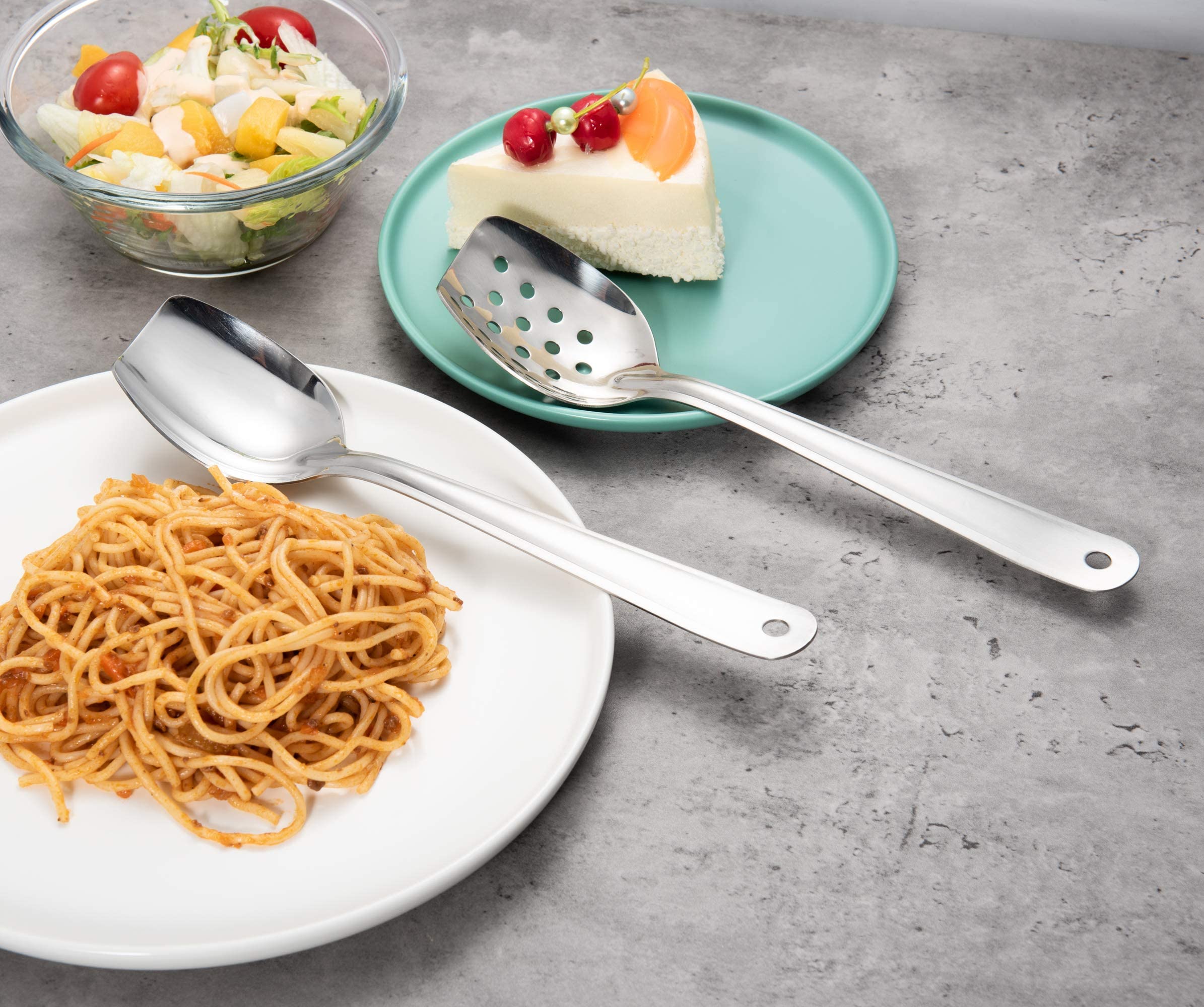 IMEEA Slotted Serving Spoon Set of 2, 10-Inch Flat Edge, 18/8 Stainless Steel, Silver