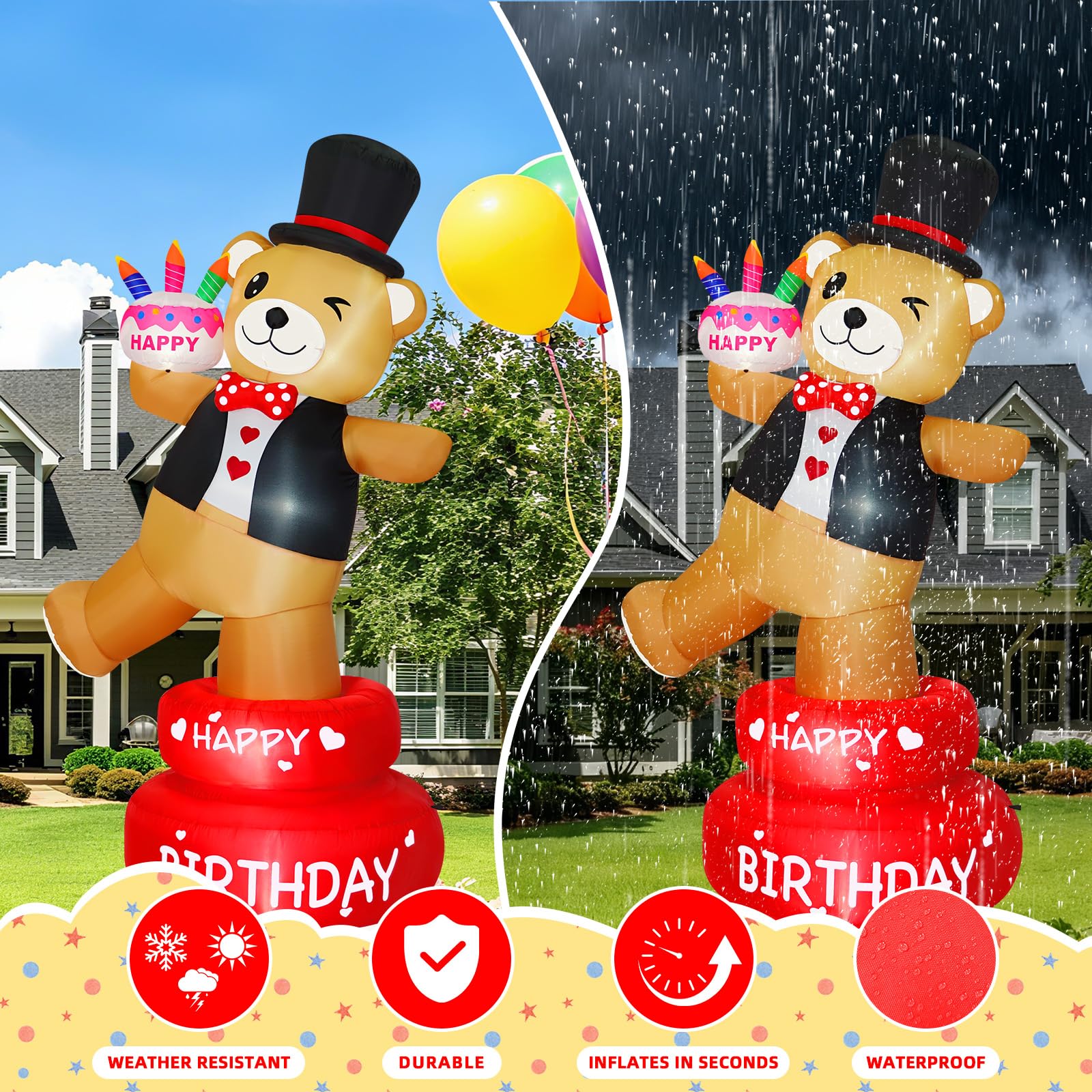 BRDJade 6FT Rotating Brown Bear Holding Birthday Cake Inflatable, 180 Spinning Blow Up Yard Decoration with Bright LED Lights fo