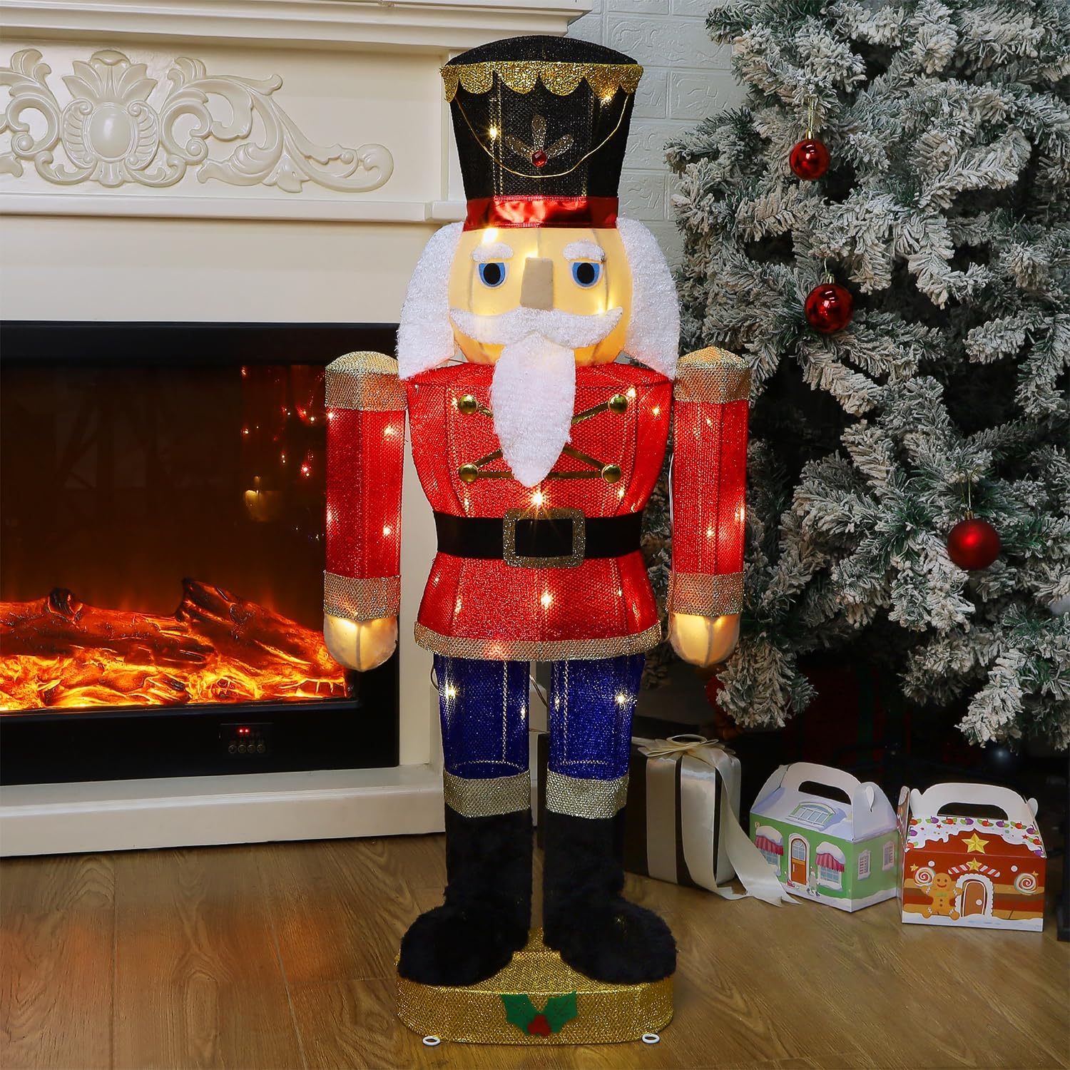 Hausse Lighted Christmas Outdoor Decor, 37.5  Height Pre-Lit 3D Tinsel Xmas Nutcracker Soldier Figure, Light Up Xmas Yard Displa