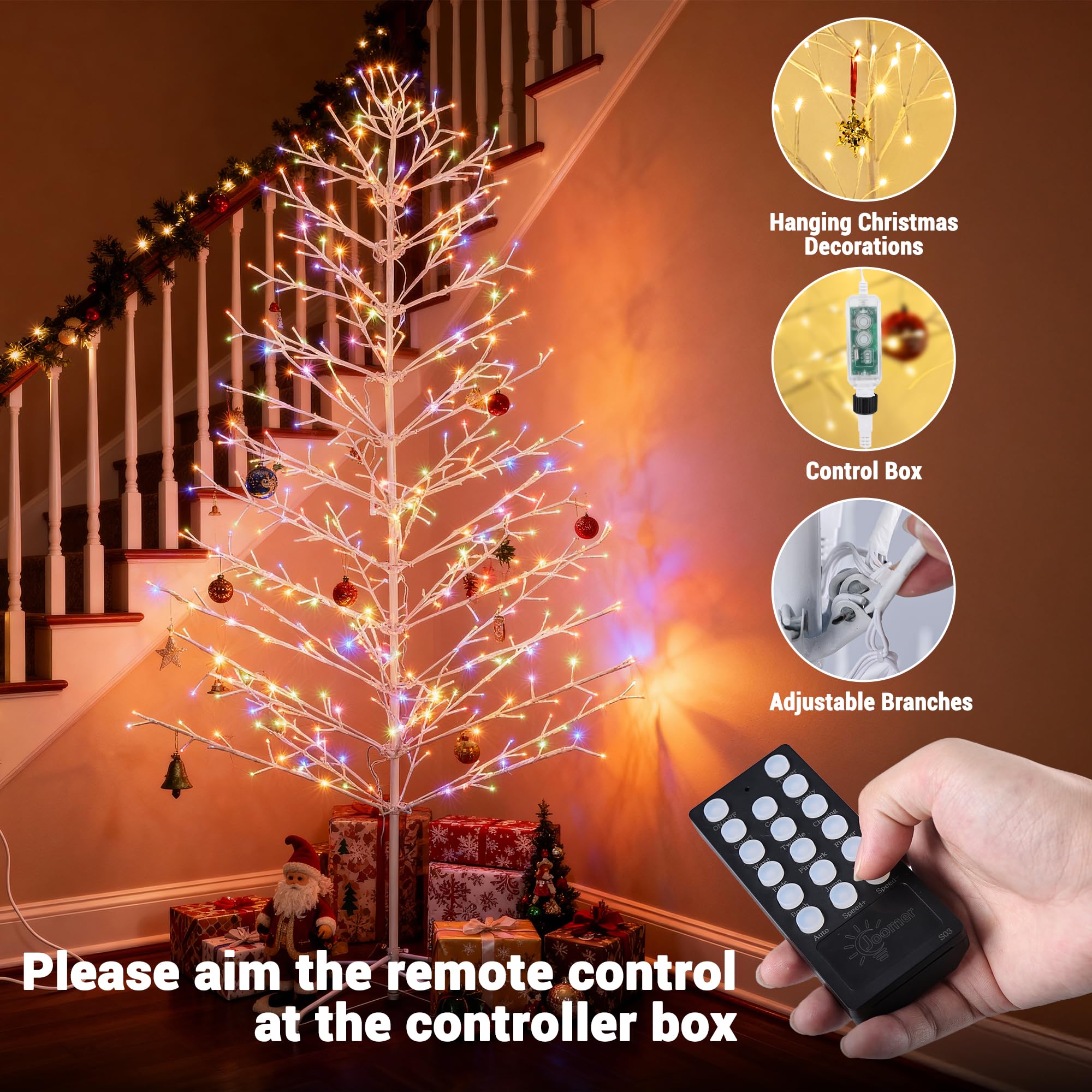 Joomer Christmas Tree Light Outdoor,7.6FT 540 LED Color Changing Artificial Collapsible Birch Tree Lights with Remote Control Ti