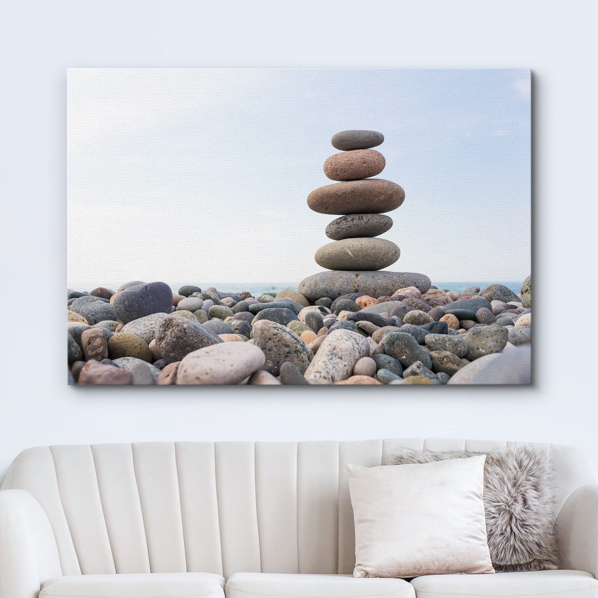 Wall26 - Canvas Prints Wall Art - Zen Stones Balance, Pebbles Stack Over Blue Sea | Modern Wall Decor/Home Decoration Stretched
