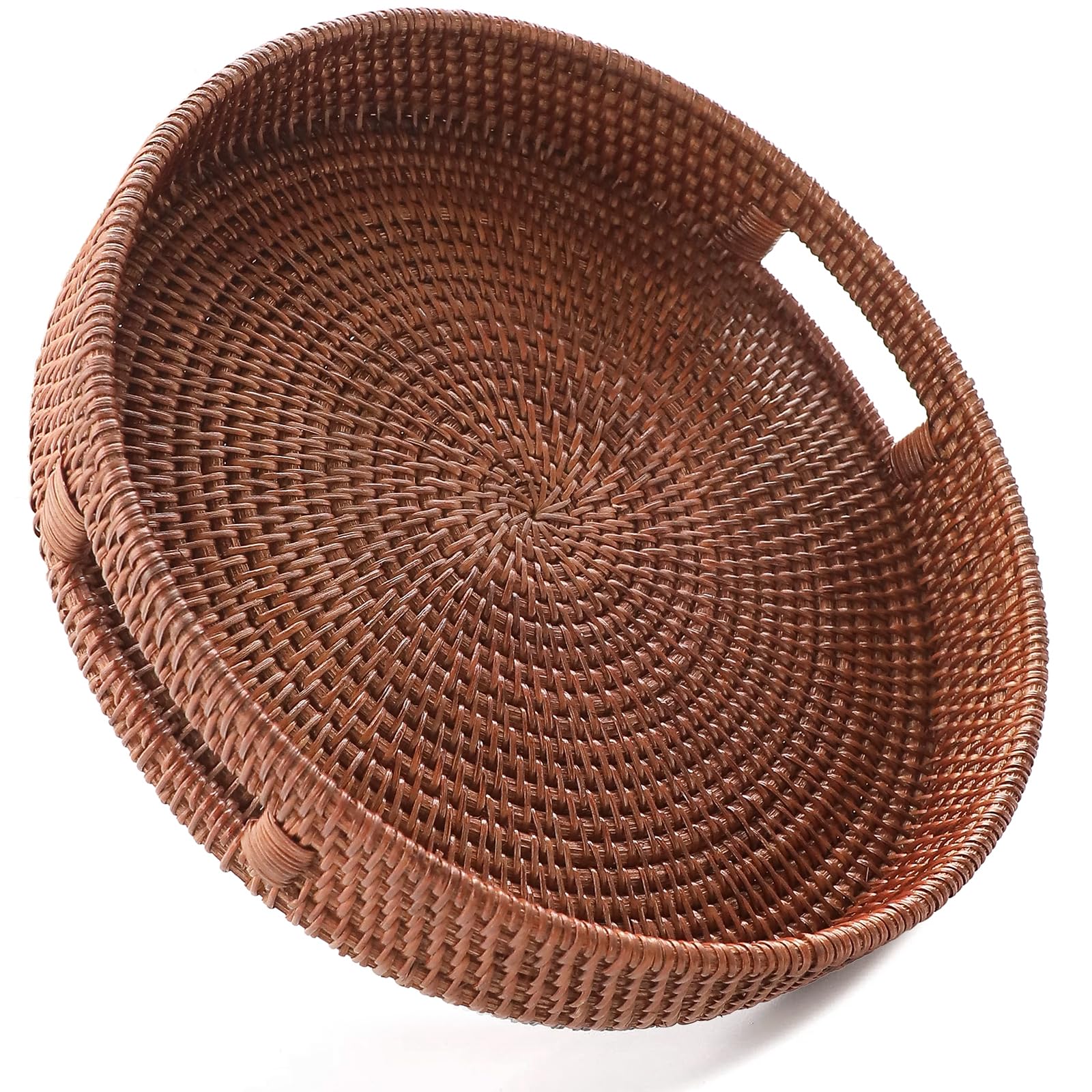 HITOMEN 11.8 Hand-Woven Round Rattan Serving Tray Decorative Wicker Trays with Handles for Coffee Table (Brown-M)