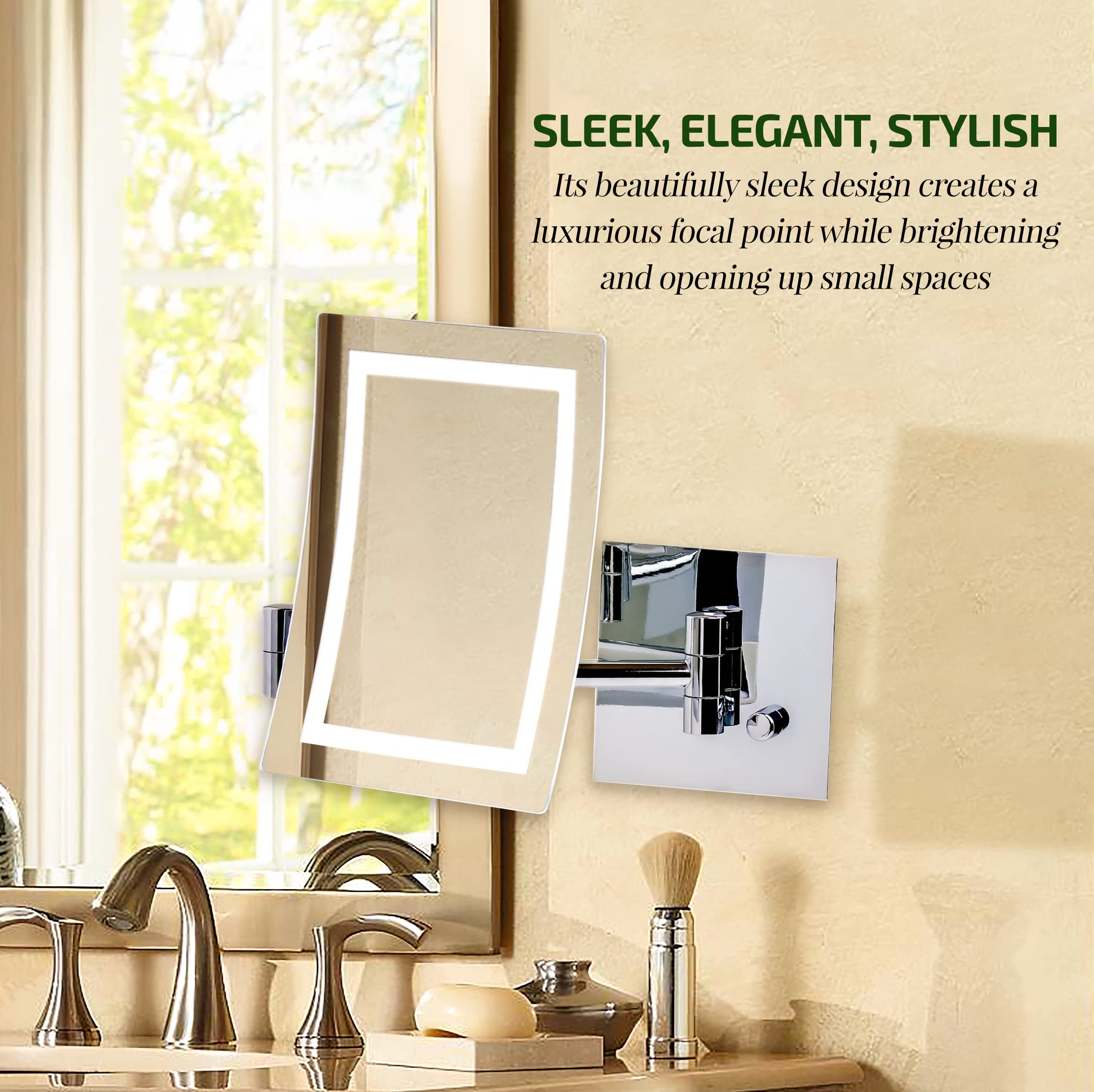 Ovente 7'' Lighted Wall Mount Makeup Mirror, 7X Magnifier, Square White Led W/Dimmer Switch, One Sided Adjustable, Extend & Fold