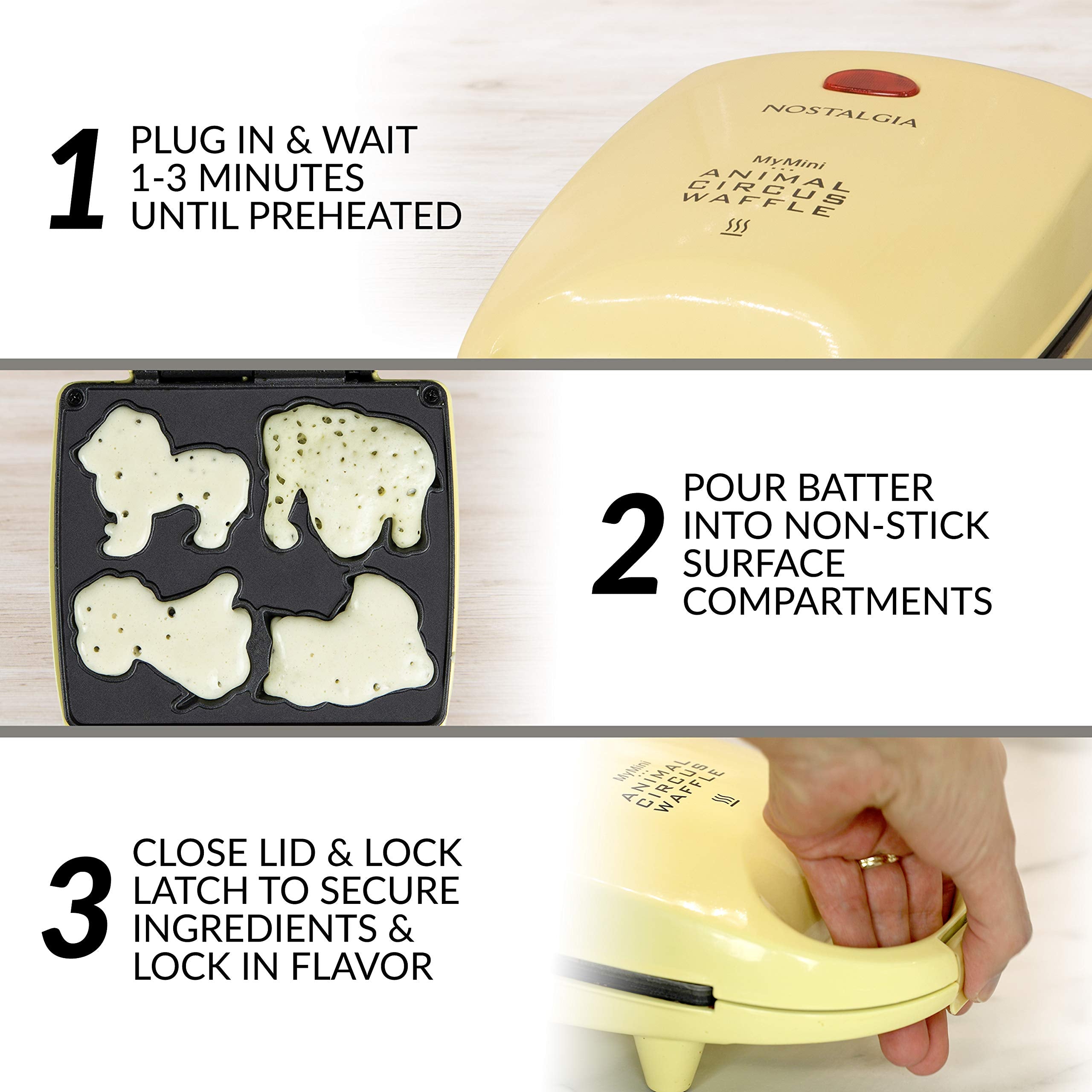 Nostalgia Mymini Personal Electric Animal Circus Waffle Maker, Waffle Iron Makes Cat, Dog, Elephant, Lion, Yellow