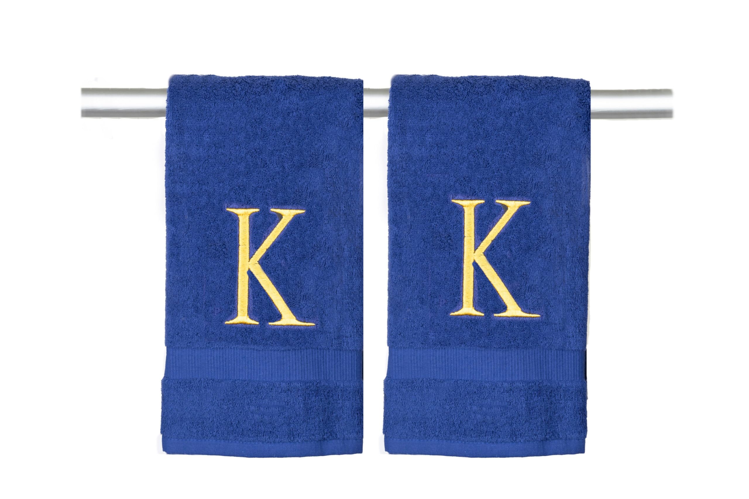 Navy Monogrammed Hand Towels For Bathroom - Navy And Gold Luxury Hotel Quality Personalized Initial Decorative Embroidered Towel