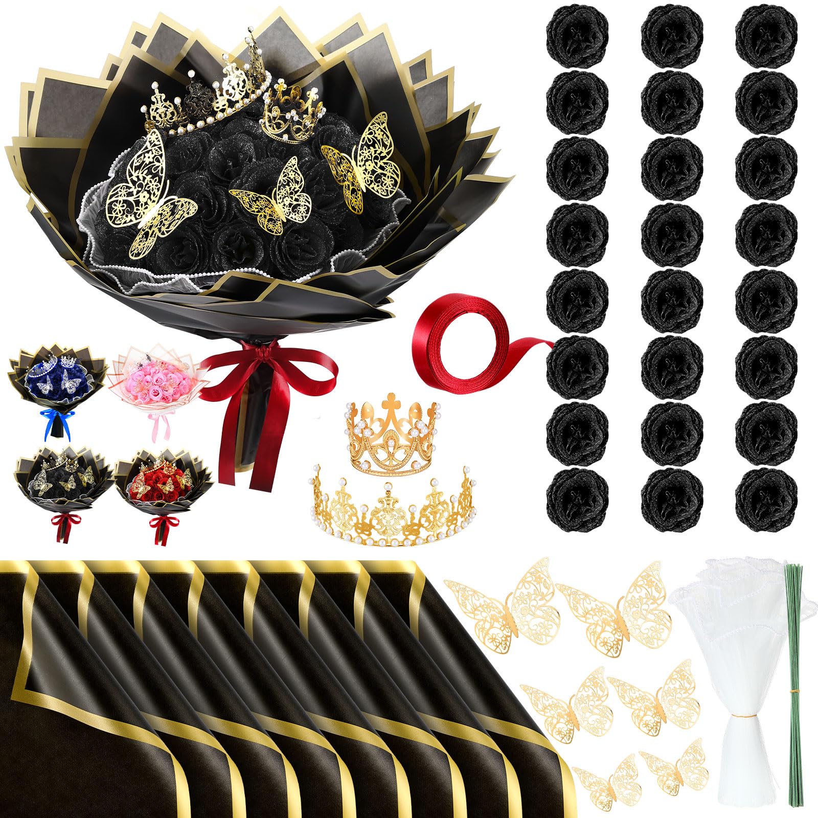 Thiccywoov 24 Pcs Christmas Glitter Roses Bouquet Gifts Artificial Rose DIY Flower Bouquet Kit Birthday Gifts Flower Wrapping Pa