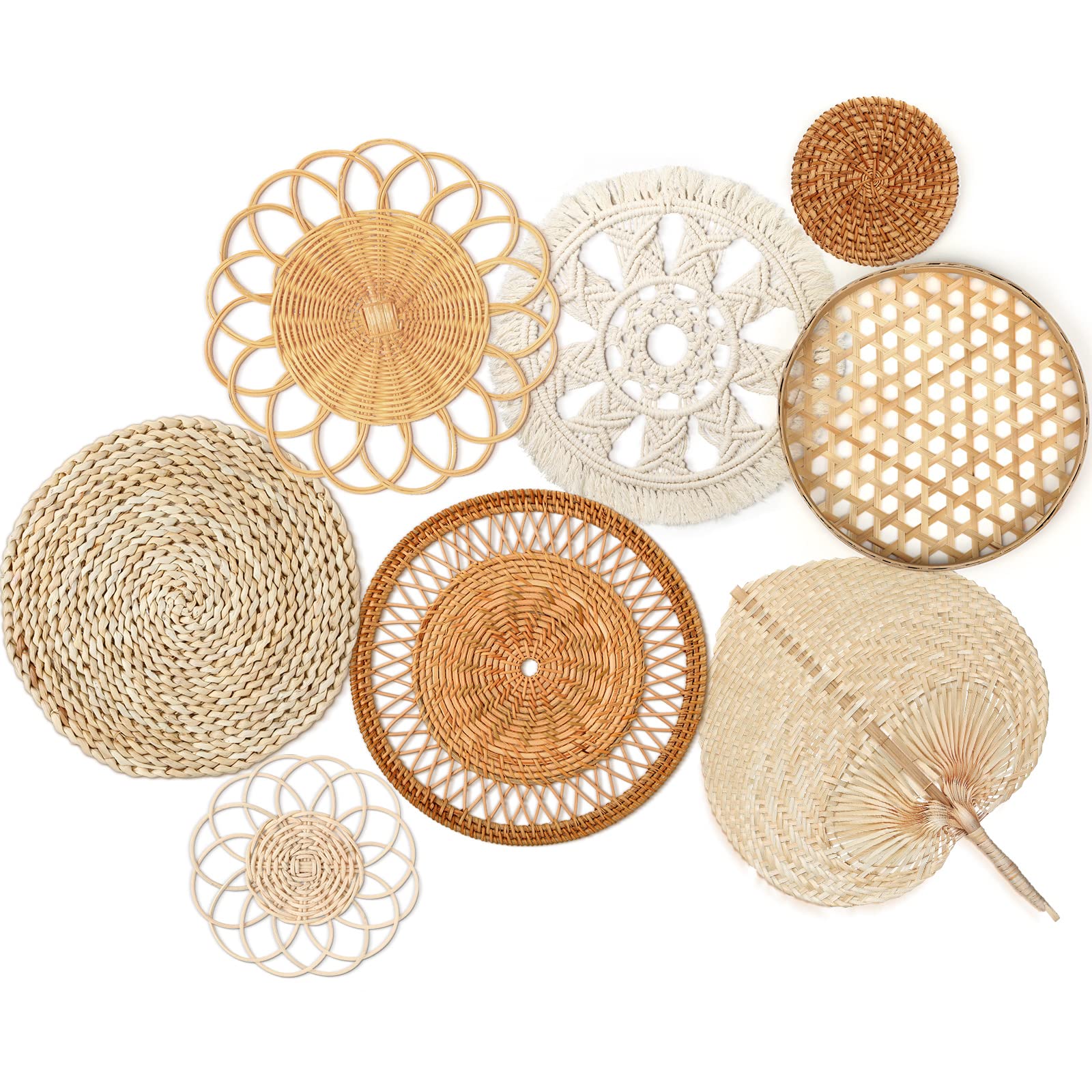 Set Of 8 Boho Wall Basket Decor Flower Shape Rattan Wall Decor Round Flat Woven Wall Decor Hollow Bamboo Hanging Basket Wall Dec