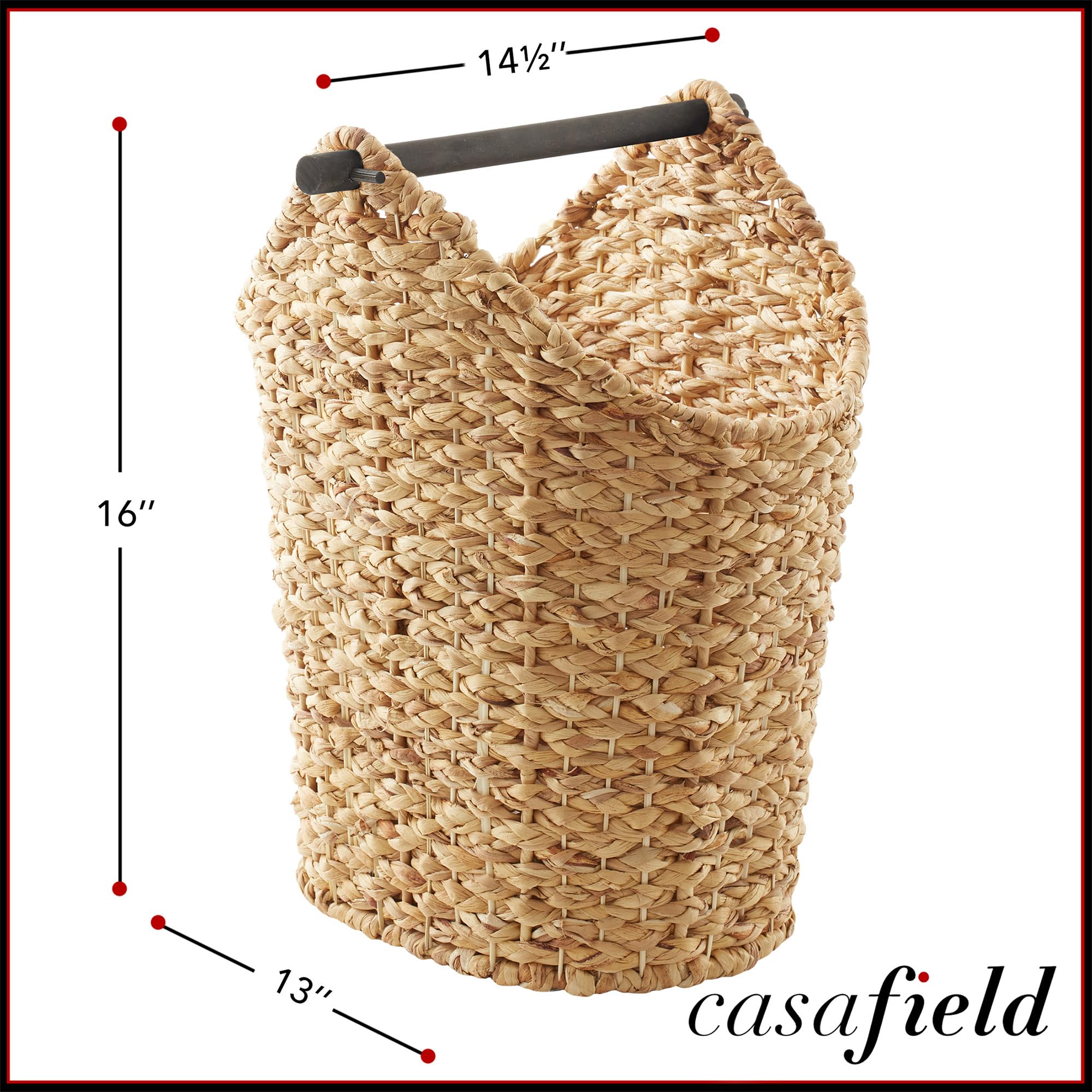 Casafield Toilet Paper Storage Basket with Wood Roll Holder Bar - Espresso, Braided Water Hyacinth Wicker Bathroom Tissue Storag