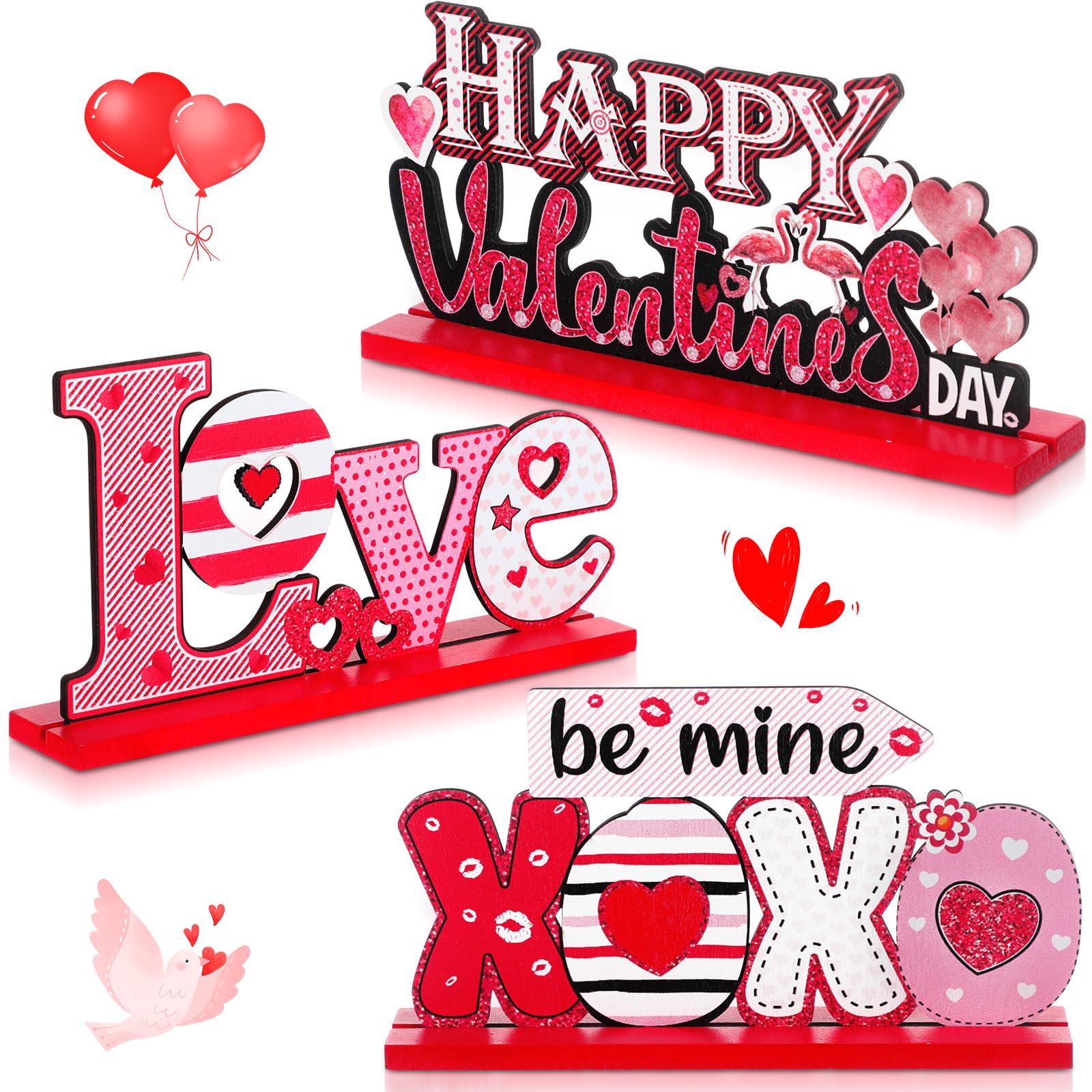 Sumind 3 Pcs Valentines Day Wooden Table Sign Decorations for Home, Valentine Table Centerpiece for Dining Room Office Desk Tab