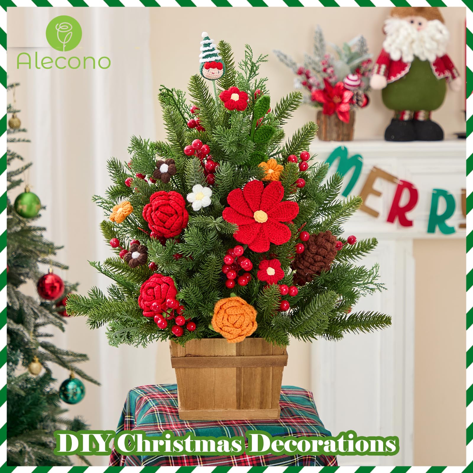 Alecono Crochet Flower Bouquet, Christmas Knitted Flowers, Green Completed Handmade Flower for Lover Anniversary Birthday Party