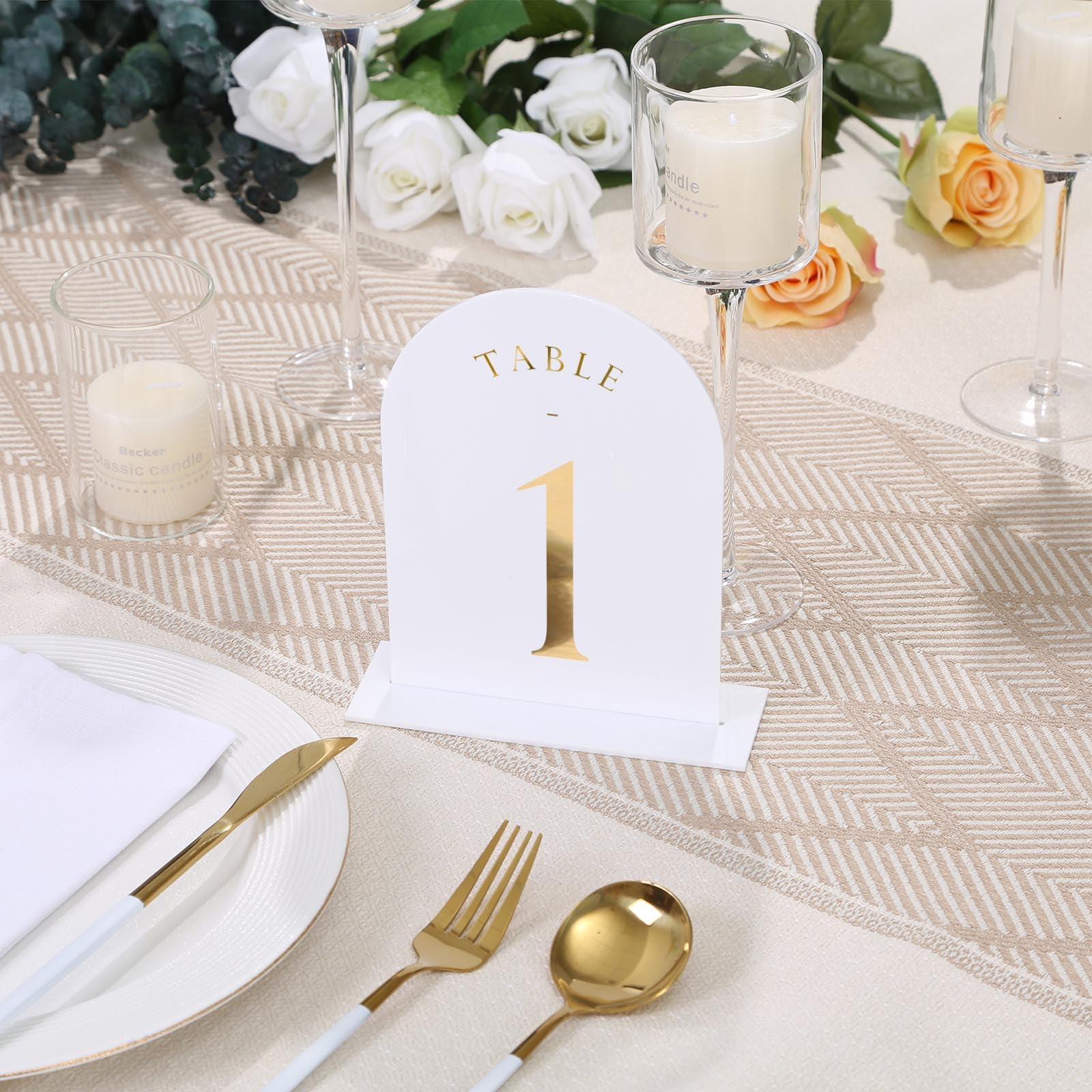 Uniqooo White Arch Wedding Table Numbers With Stands 1-20, Gold Foil Printed 5X7 Double Sided Acrylic Signs And Holders, Perfect