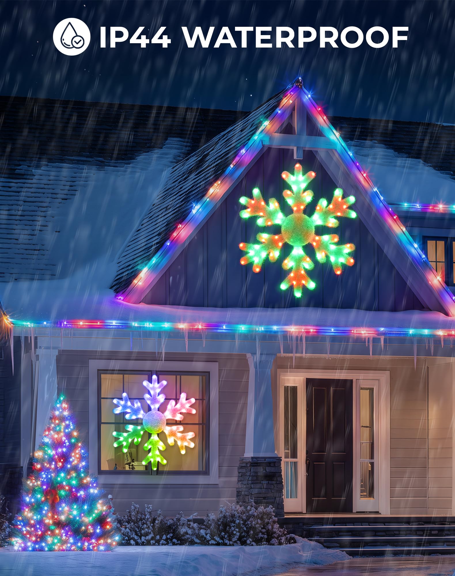 32 Smart LED Snowflake Christmas Lights Outdoor, DIY Color Changing Big Folding Plug in Window Hanging Lights Music Sync Chasing
