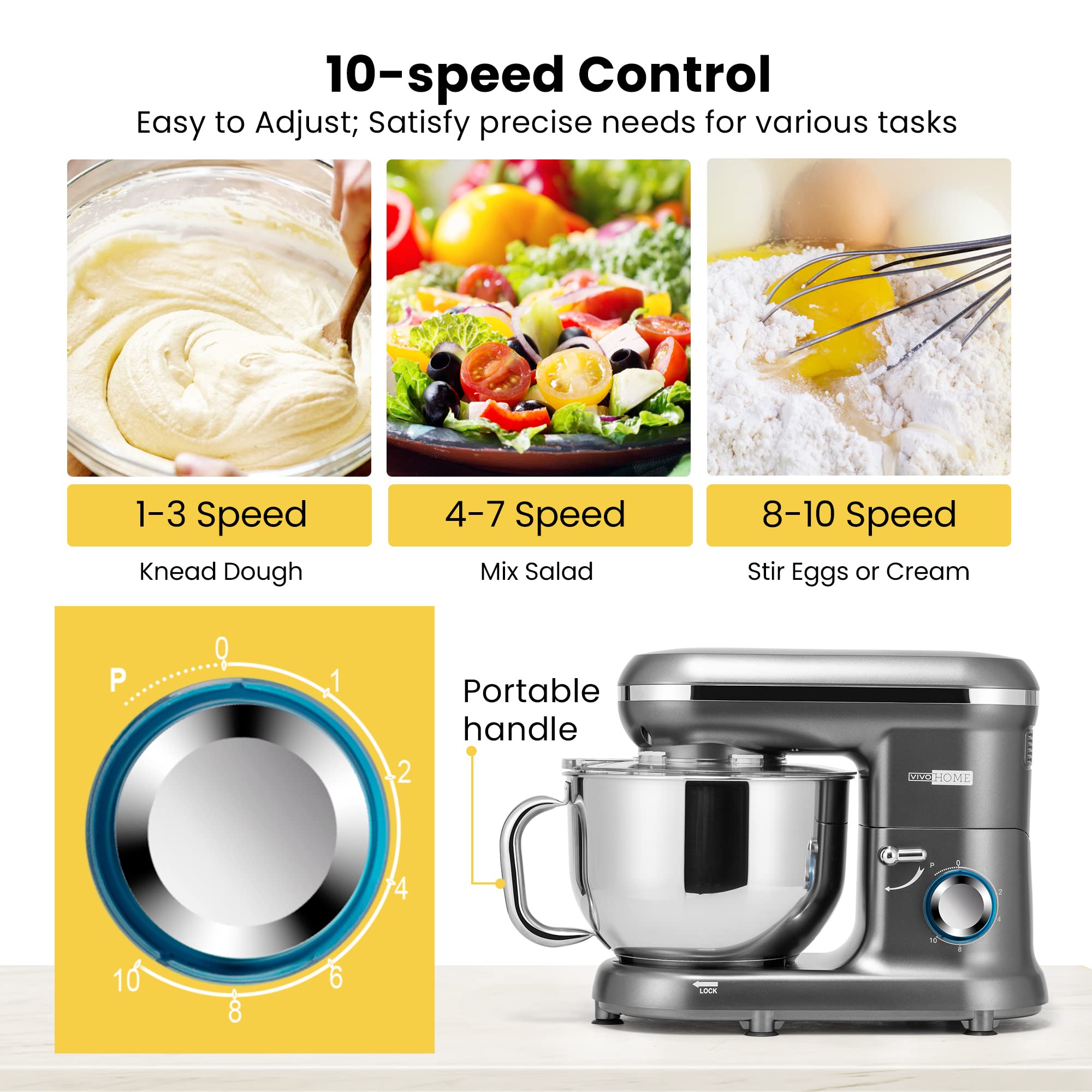 VIVOHOME 660W Stand Mixer, 10-Speed 6QT Electric Kitchen Mixer, Gray, Model VH291-GY with Beater, Dough Hook, Wire Whip, Egg Separator