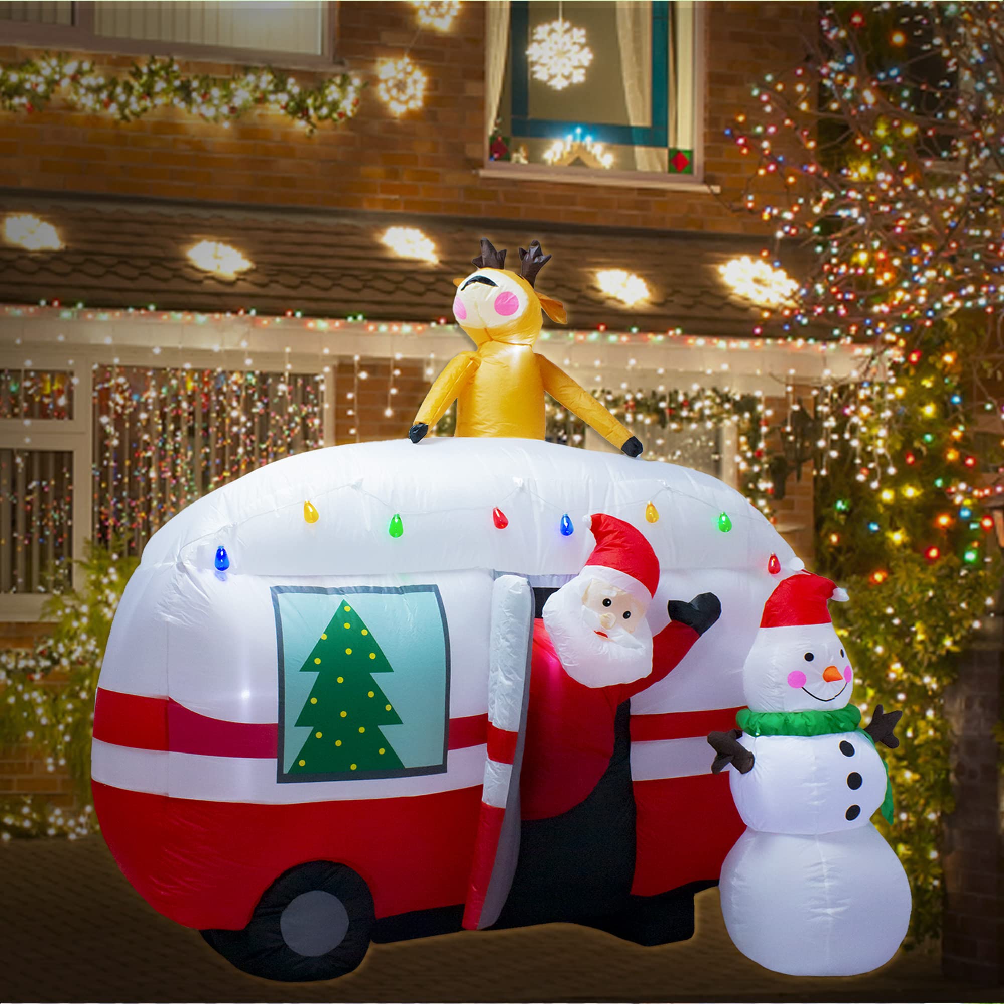 luxfcup 8FT Christmas Inflatable Santa Snowman Camper Inflatables Decoration with LED Lights Outdoor Yard to Blow Up Christmas C