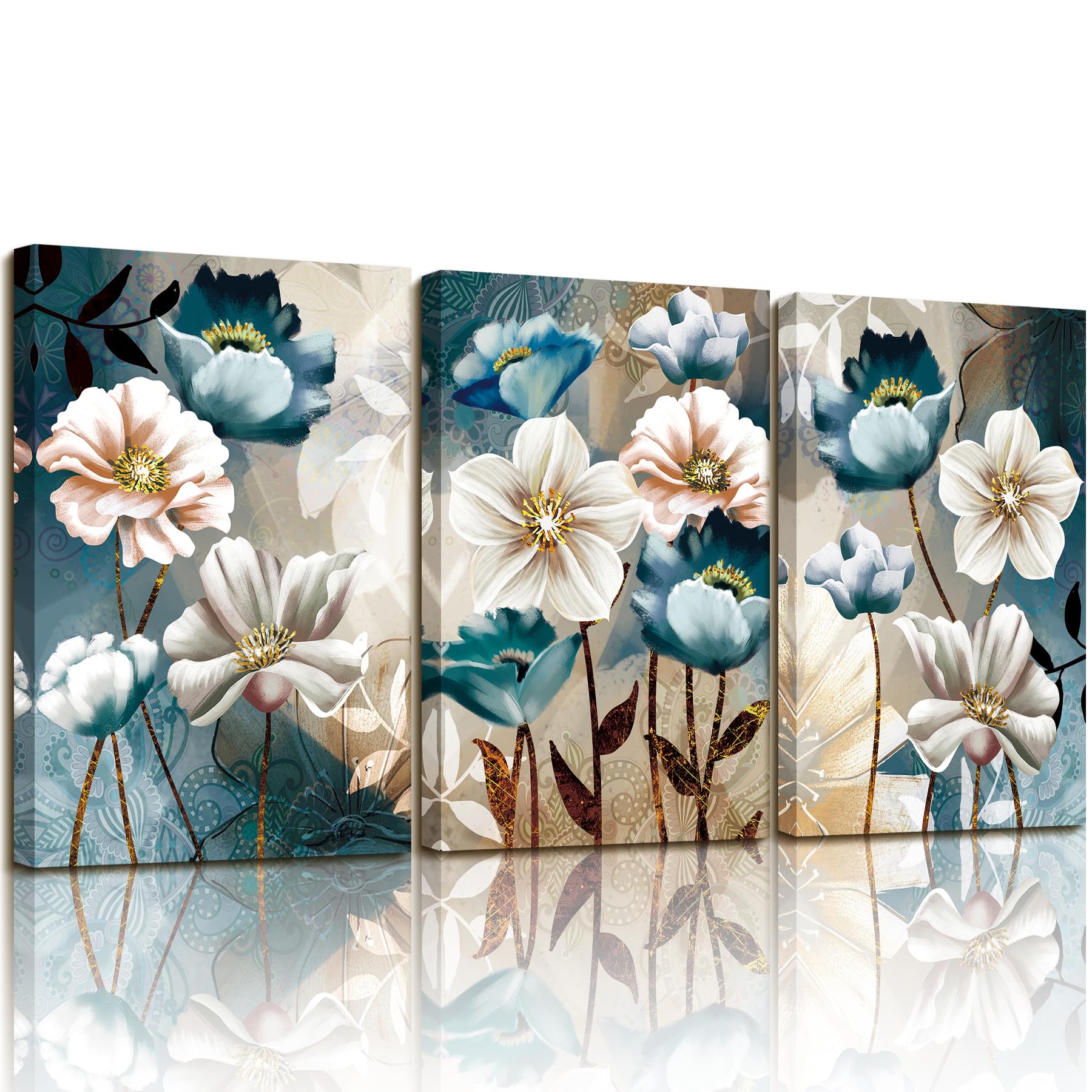 SERIMINO Lotus Flower Canvas Wall Decor Living Room White and Indigo Blue Floral Picture Wall Art for Dining Room Bedroom Bathroom Kitchen Prints Paintings for Home Decorations