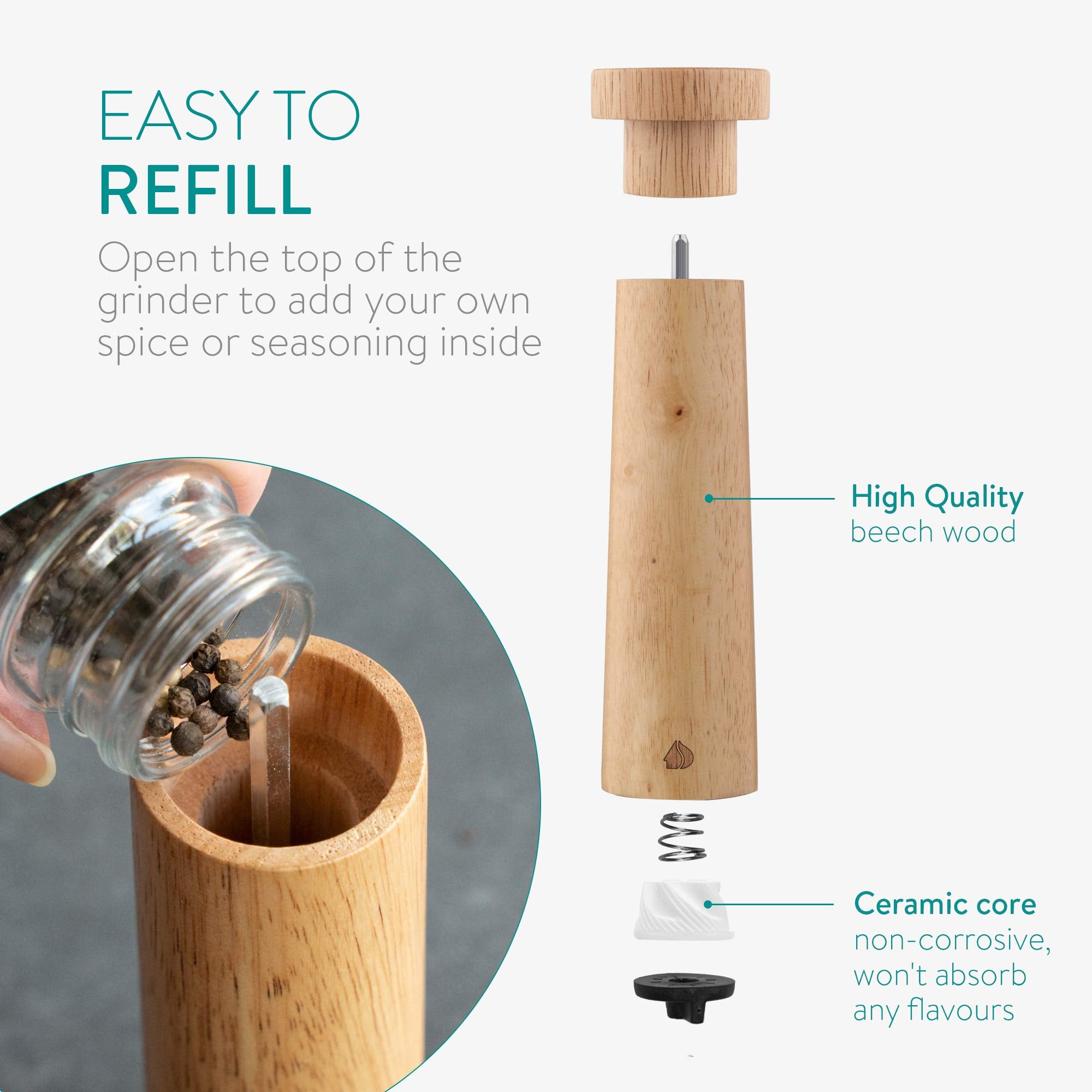 Navaris Salt and Pepper Mill Set - Adjustable Rubber Wood Salt and Pepper Grinders Shakers with Ceramic Grinding Core for Home  Restaurants - Design 1