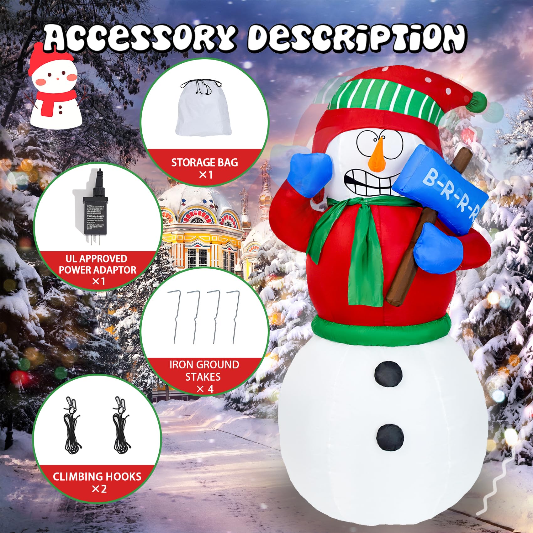 DearSun 6FT Inflatable Snowman with LED Lights - White Polyester Christmas Decoration, Model XF25001