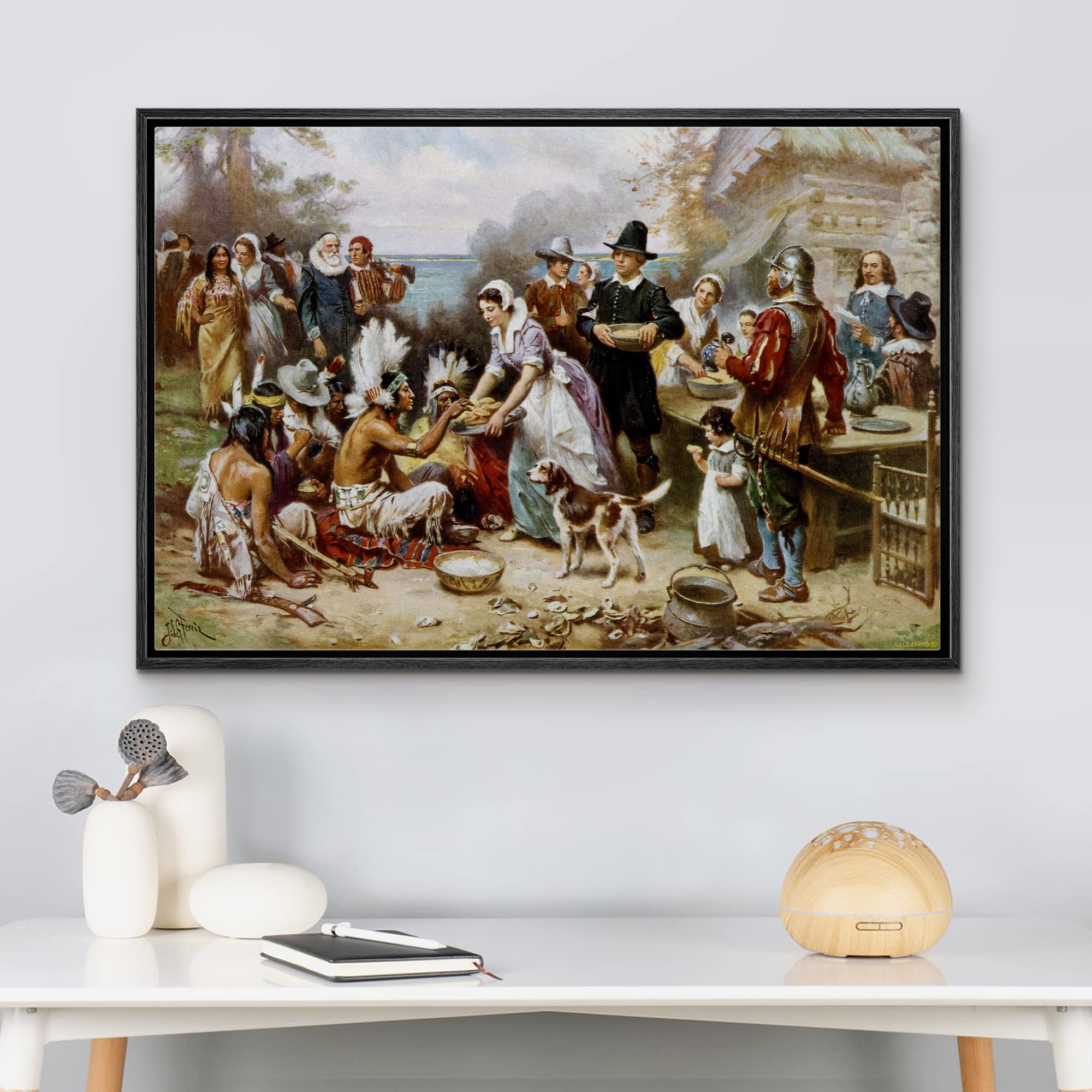 wall26 Framed Canvas Print - The First Thanksgiving by Jean Leon Gerome Ferris - 16"x24" Black