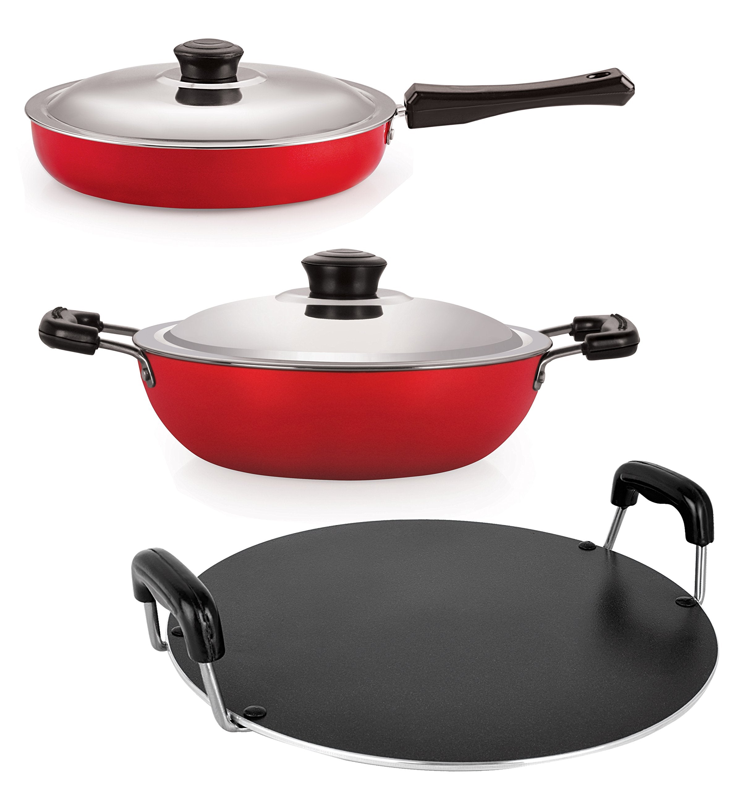 Nirlon Scratch Resistance NonStick Combo Cookware Set With Stainelss Steel Lid, Red And Black, 3 Piece