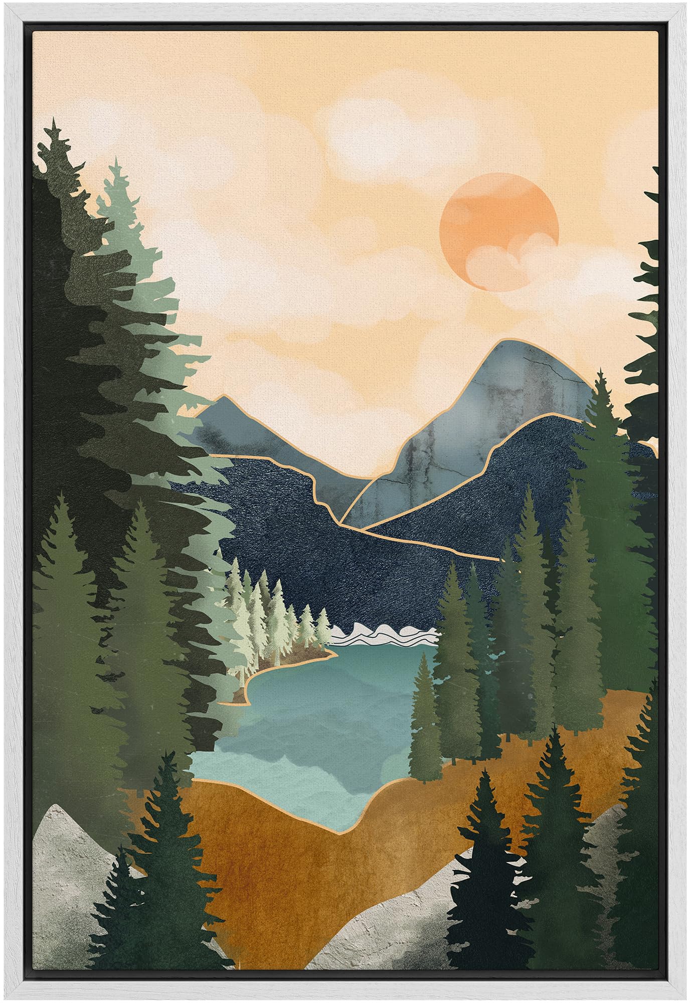 Signford Framed Canvas Print Wall Art Sun Mountain Pine Tree Lake Nature Wilderness Illustrations Modern Art Decorative Rustic R