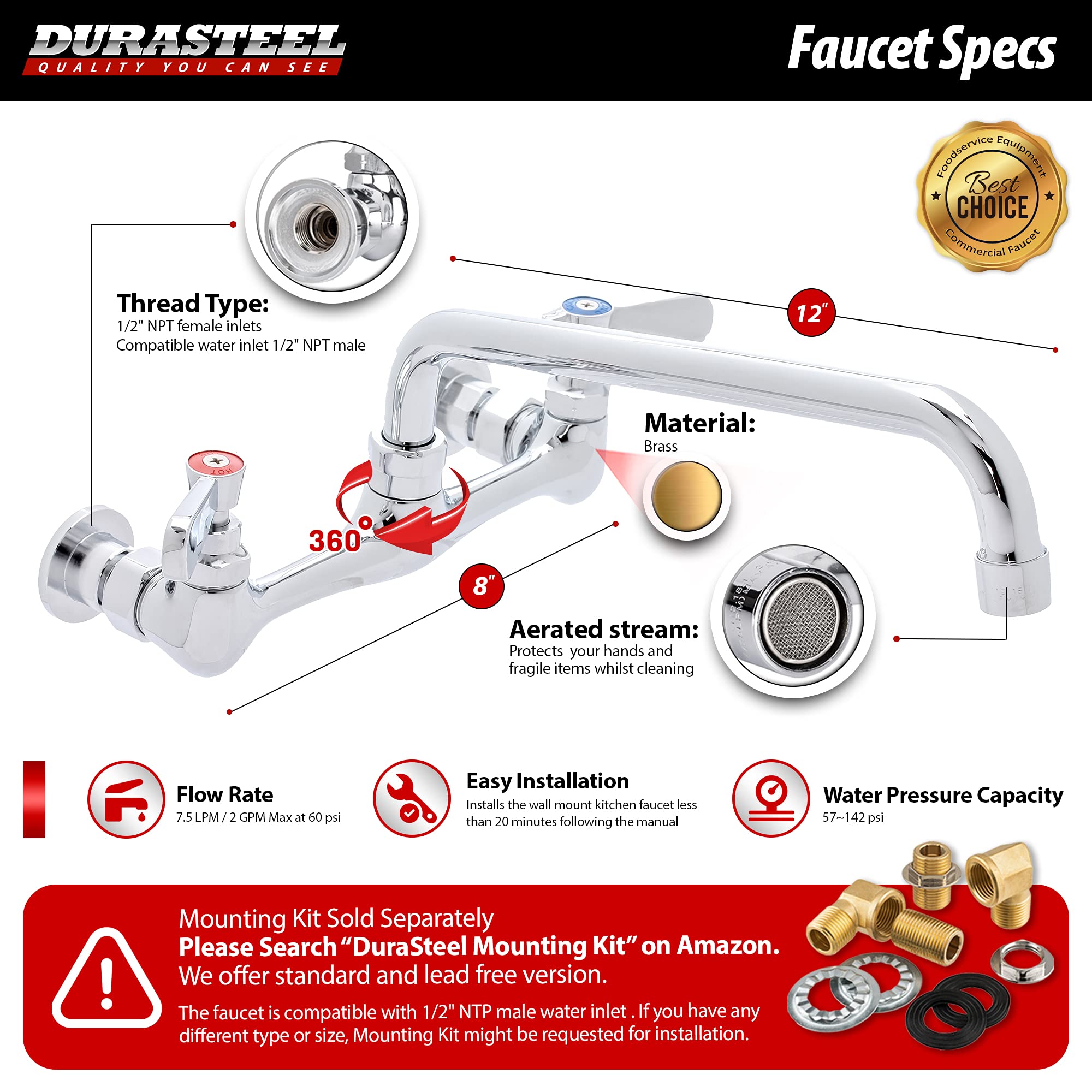 Kitchen Sink Faucet Wall Mount - Durasteel 8'' Center Commercial Kitchen Sink Faucet With 12'' Swivel Spout - Dual Lever Handles