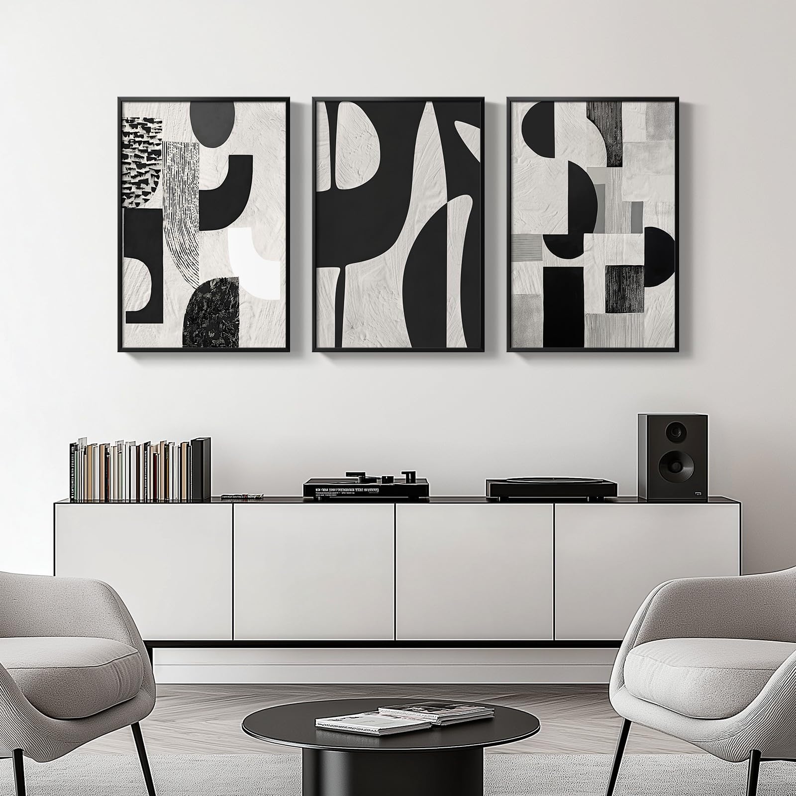 Framed Black And White Abstract Wall Art, Black Boho Wall Decor For Living Room, 3 Piece Modern Minimalist Geometric Canvas Art