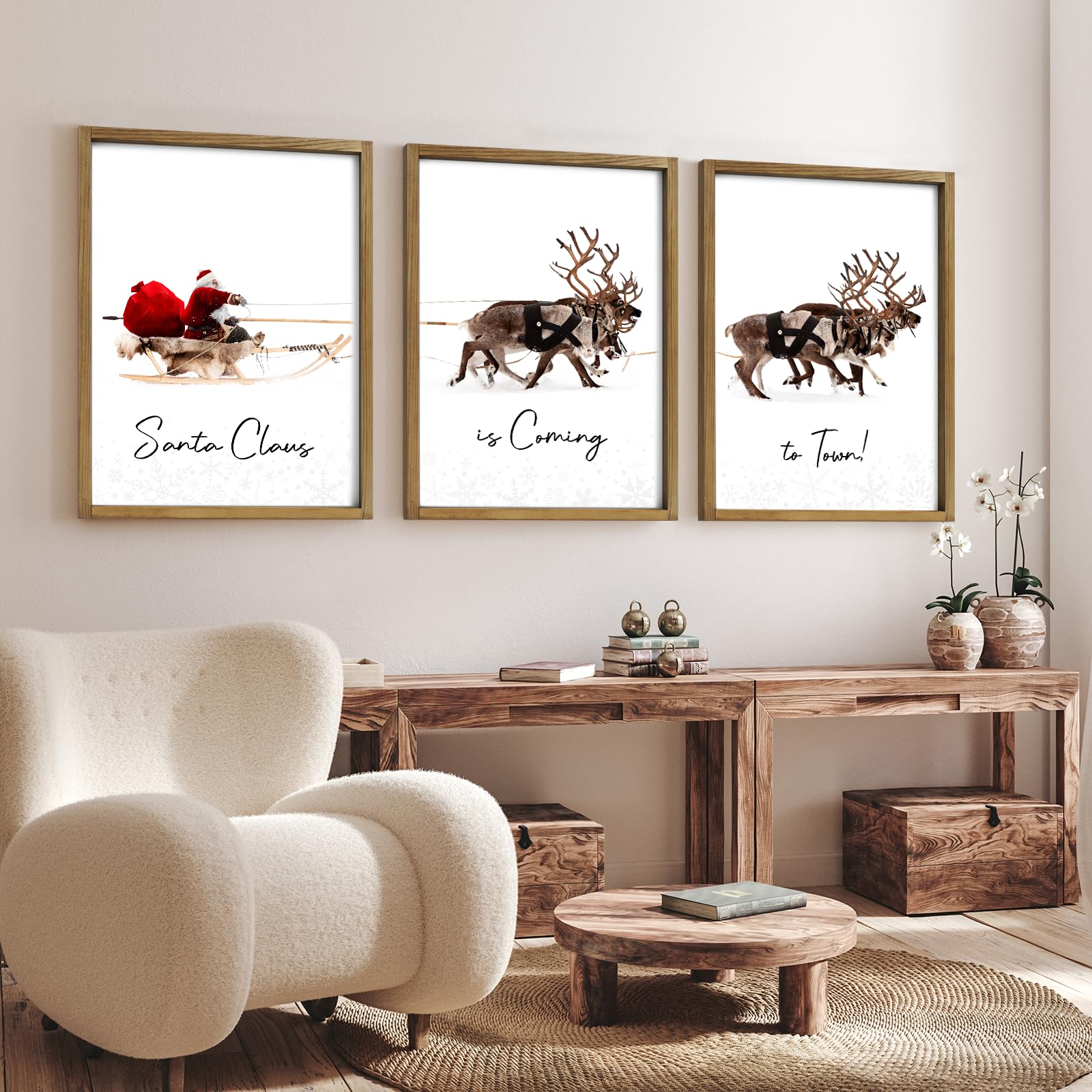 Litivy Framed Set Of 3 Christmas Wall Art Christmas Santa Claus With Sleigh Deer For Christmas Wall Decor Prints Xmas Sign For H