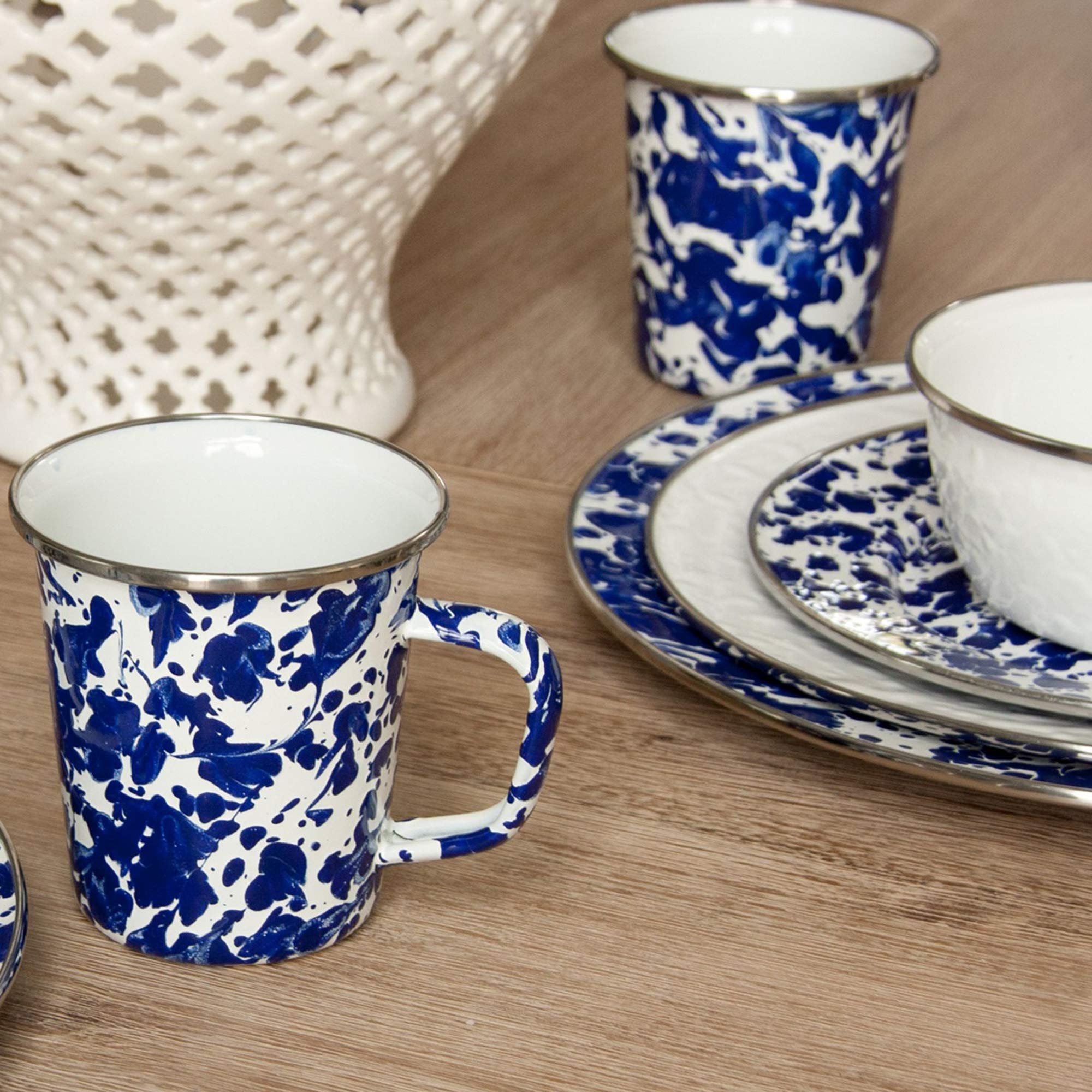 Golden Rabbit Enamelware - Cobalt Swirl Pattern - Set Of 4-16Oz Latte Mugs