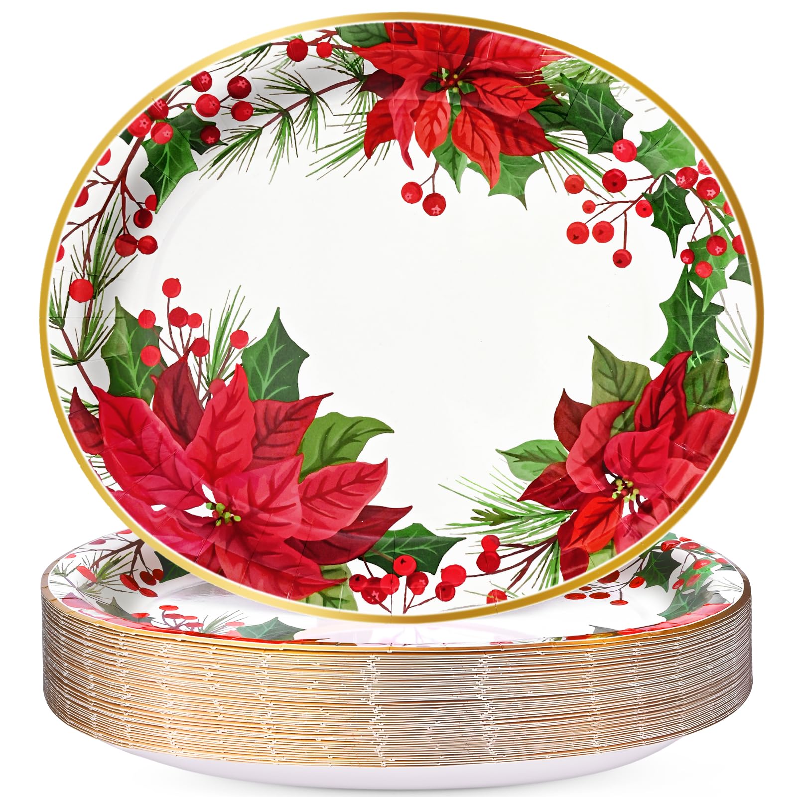 Homlouue 50 PCS Christmas Oval Paper Plates, 12 x 10 Christmas Plates Disposable, Poinsettia Themed Holiday Paper Plate, Heavy D