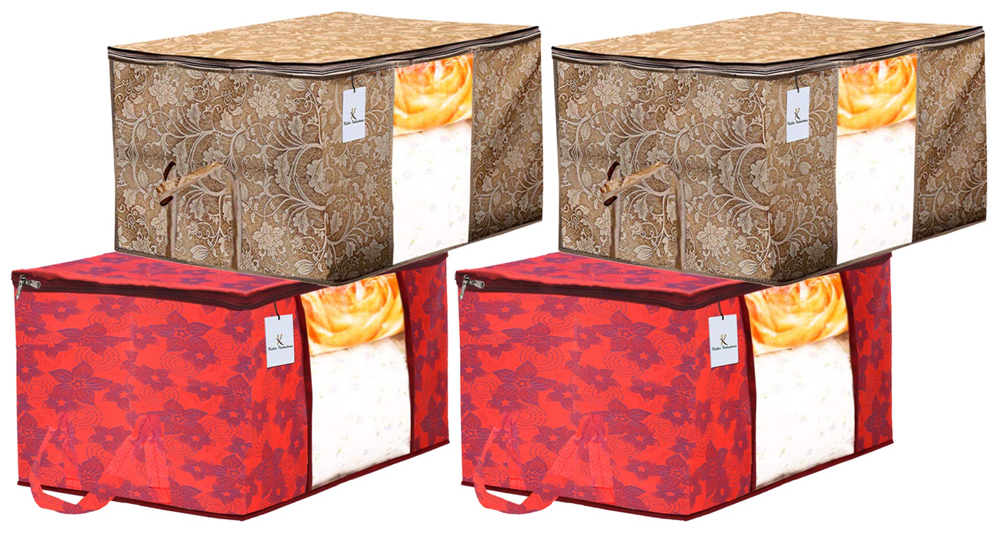 Kuber Industries Metalic Printed 4 Piece Non Woven Fabric Underbed Storage Bag,Cloth Organiser,Blanket Cover With Transparent Wi