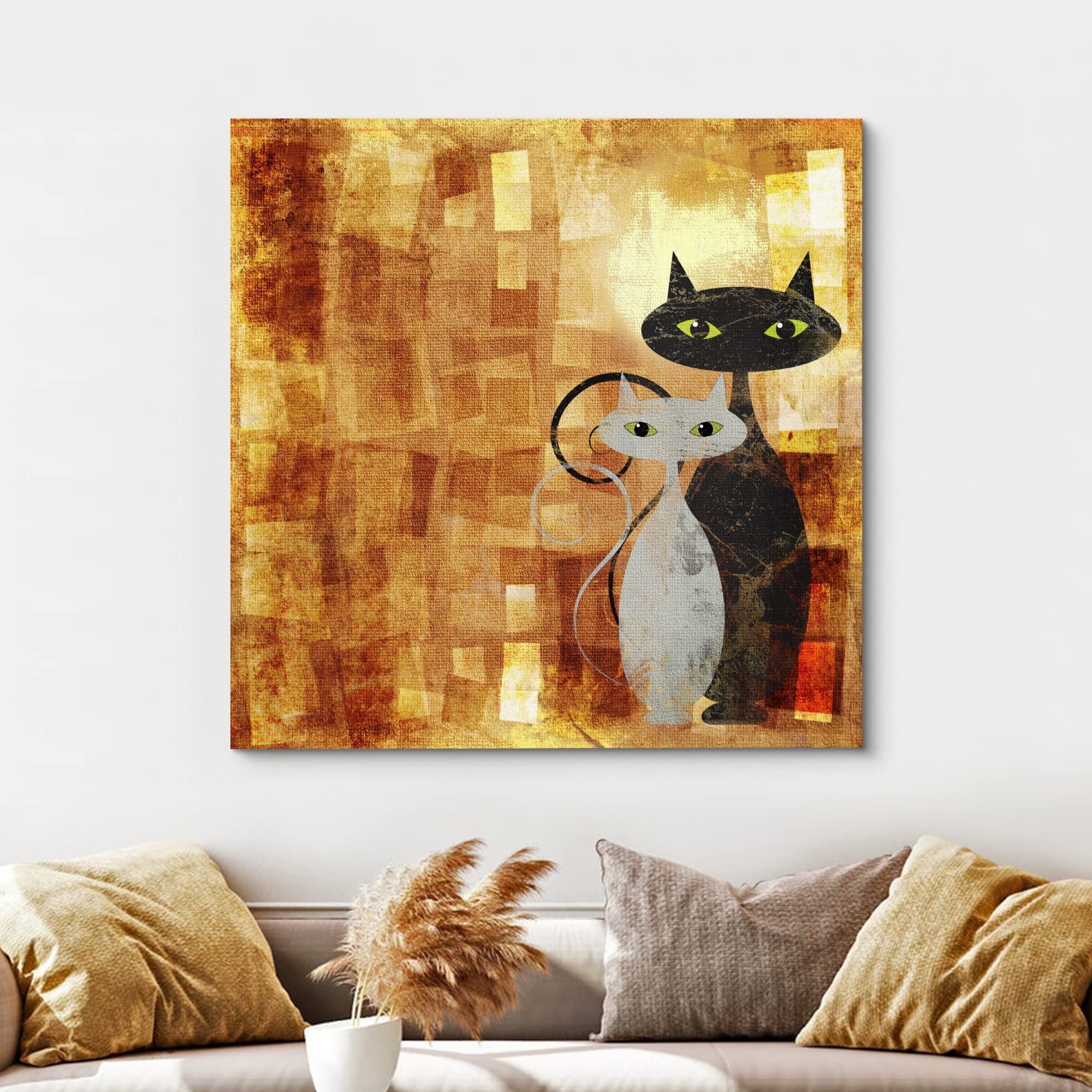 Wall26 - Canvas Prints Wall Art - Black And White Cat On Orange Grunge Canvas (Painting, Abstract, Cat) | Modern Wall Art Stretc