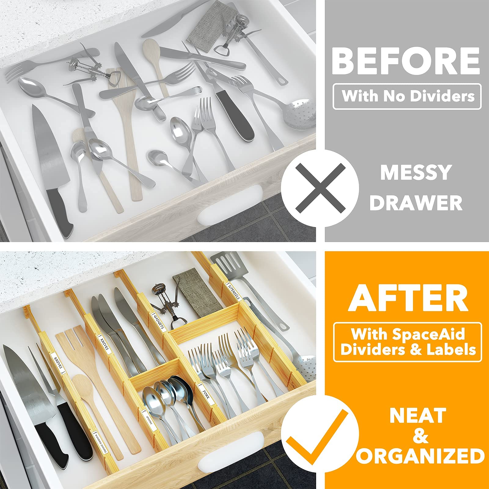 SpaceAid Bamboo Drawer Dividers with Inserts and Labels, Kitchen Adjustable Drawer Organizers, Expandable Organization for Home,