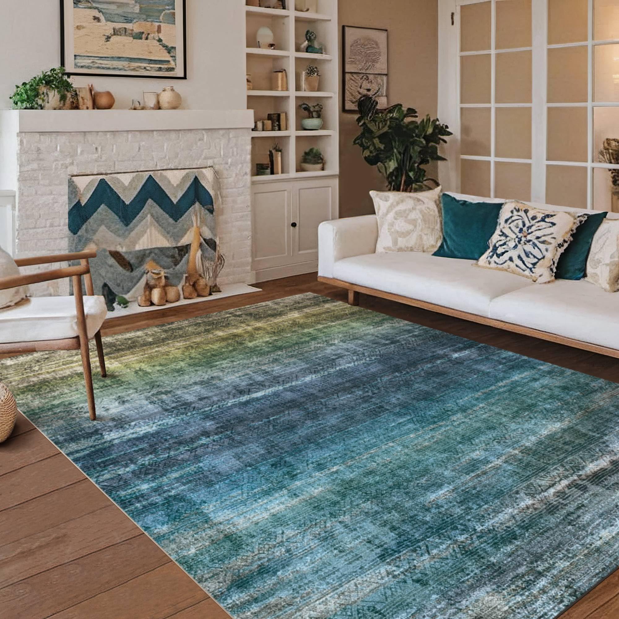 Kokia Abstract Area Rugs 8  10 Bedroom Soft Living Room Rugs Washable Distressed Vintage Comfy Blue Carpet with Non-Slip Backing