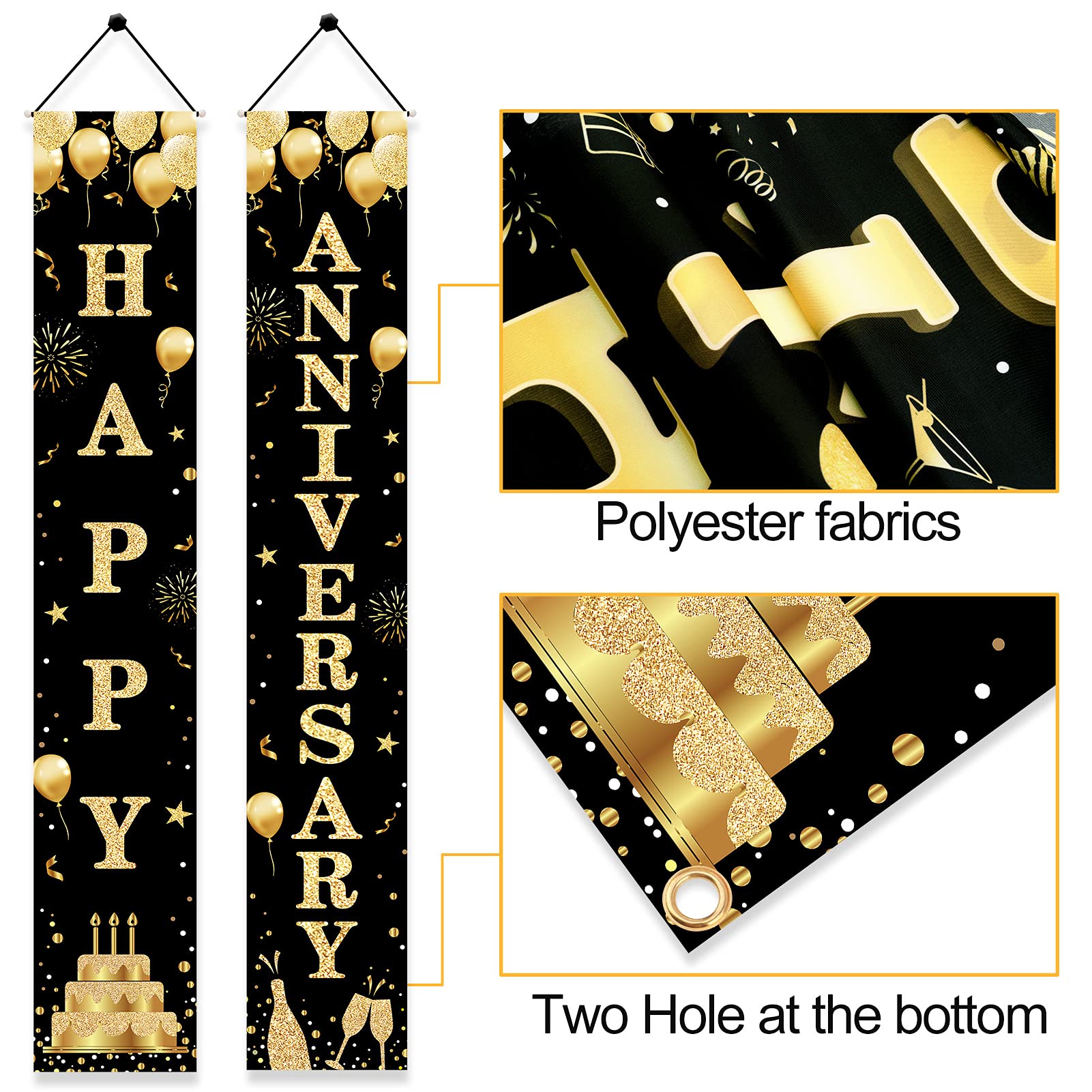 Wedding Anniversary Decorations Door Banner, Black Gold Happy Anniversary Banner Sign Party Supplies, Anniversary Party Welcome