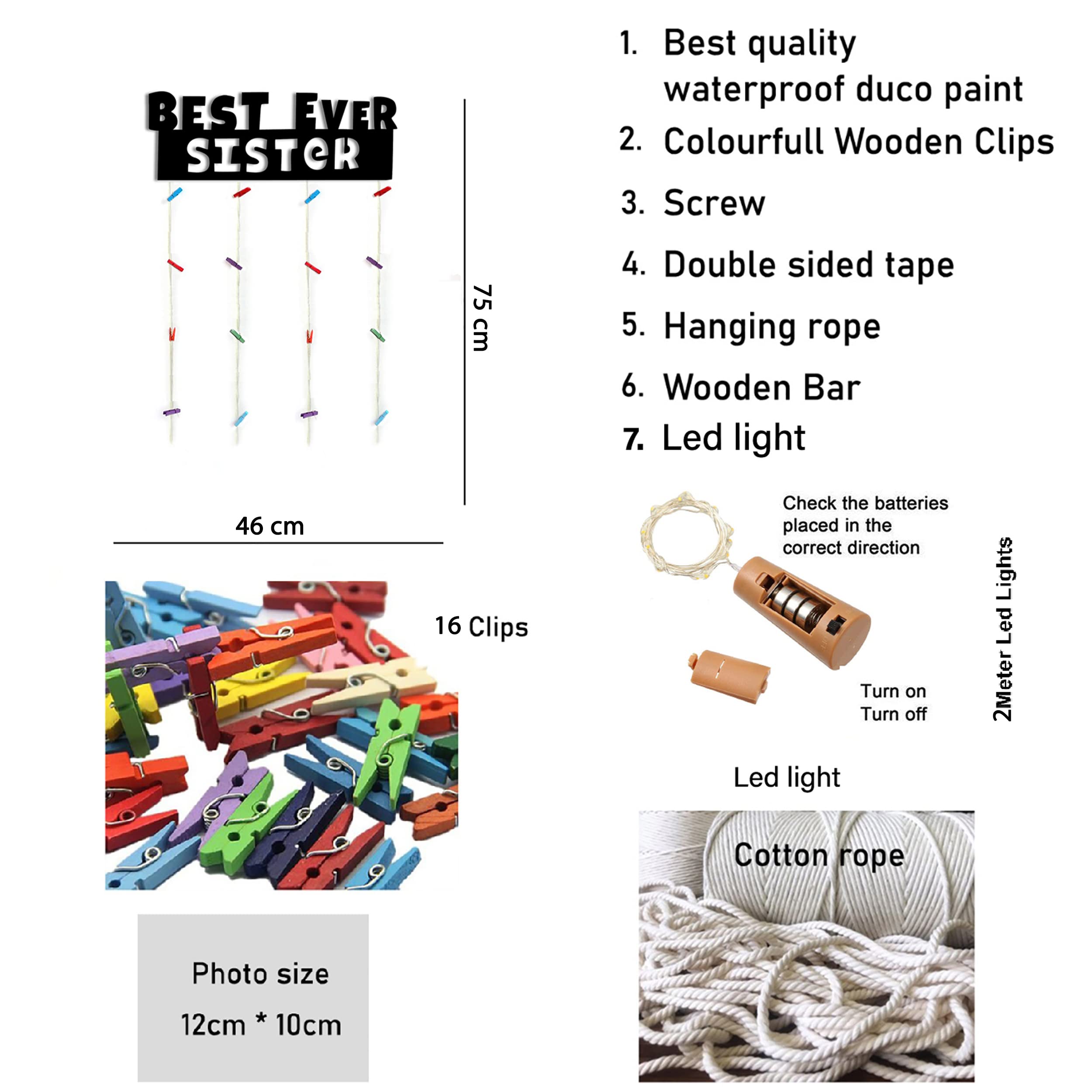 Vah Wooden Photo Frame With Led Light - Display Picture Collage Organizer With Clips (Best Sister Ever With Light)