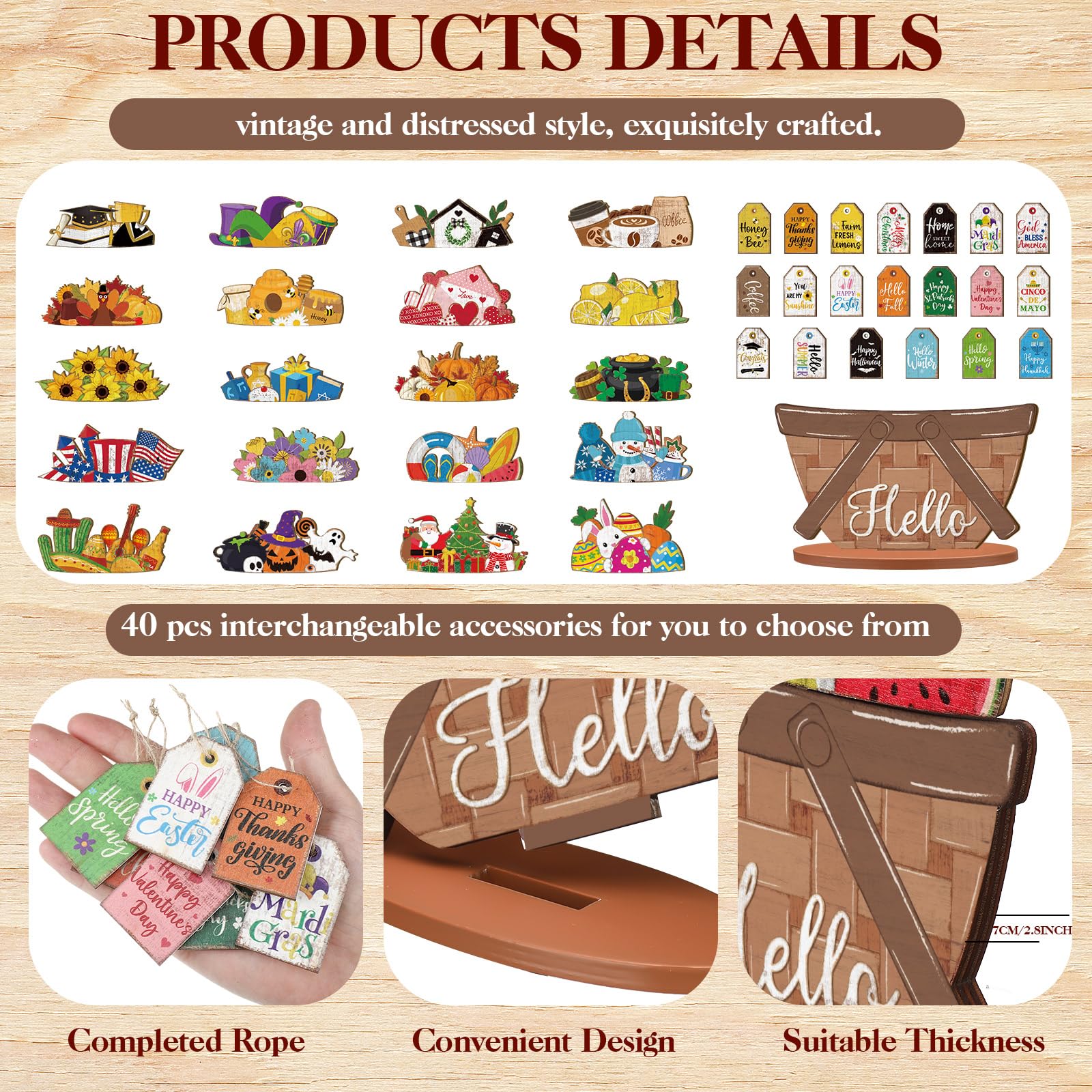 Anglechic 42 Pcs Interchangeable Fall Thanksgiving Flower Basket Decor Holiday Seasonal Sign Farmhouse Rustic Christmas Wood DIY