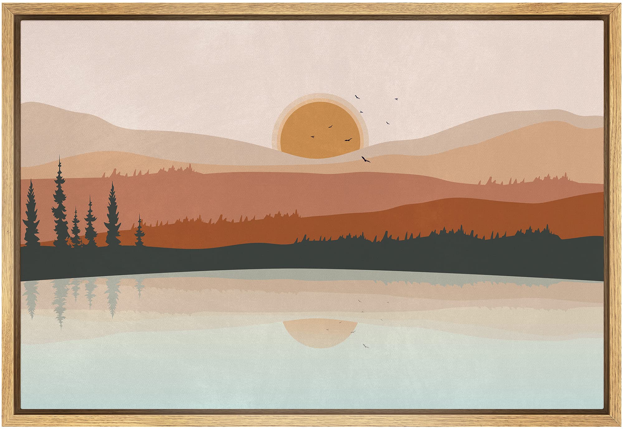 Signford Framed Canvas Print Wall Art Pastel Mountain Forest Range Lake Reflection Nature Wilderness Illustrations Modern Art La