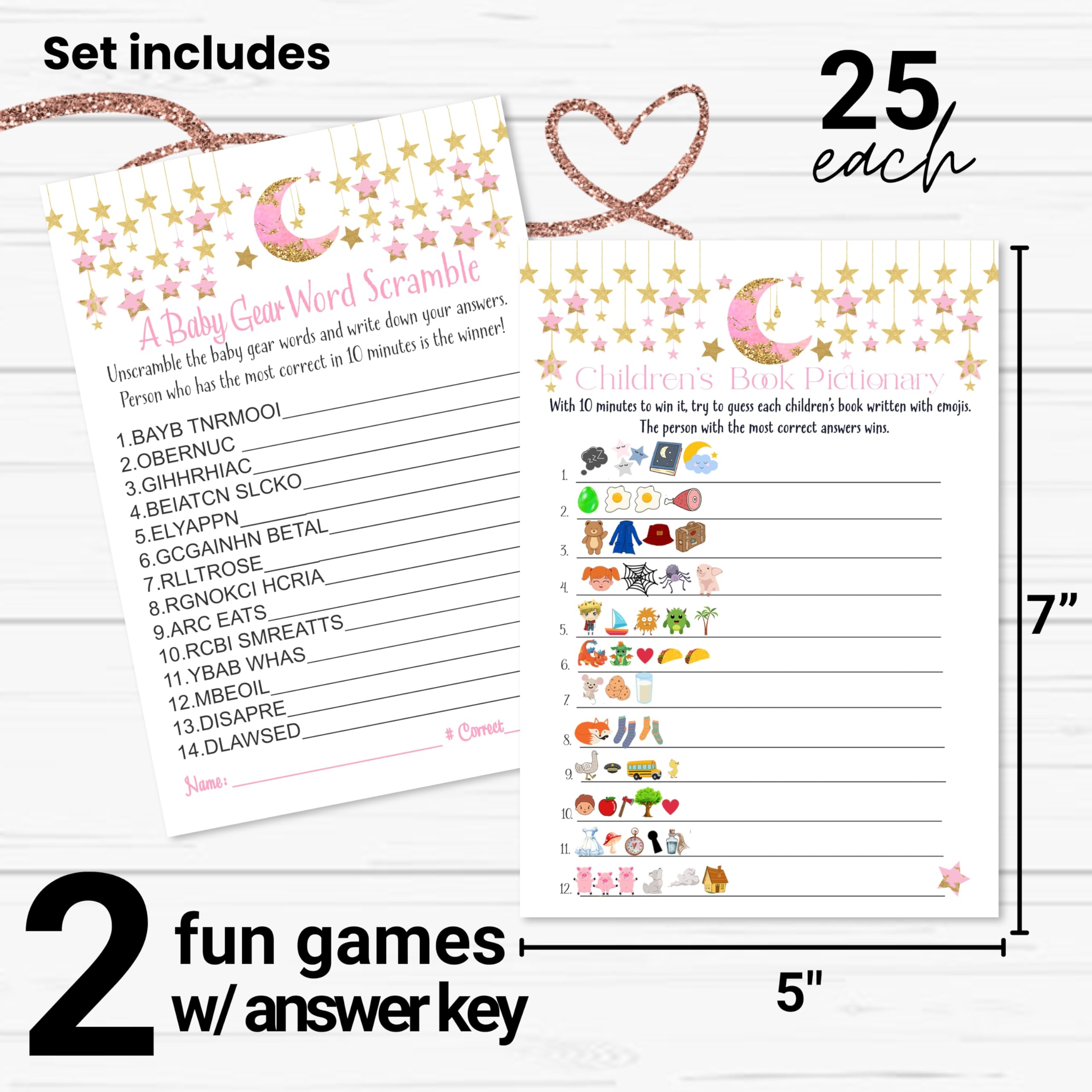 Paper Clever Party Twinkle Little Star Baby Shower Games For Girls - 25 Activities - Storybook Pictionary & Word Scramble - Pink