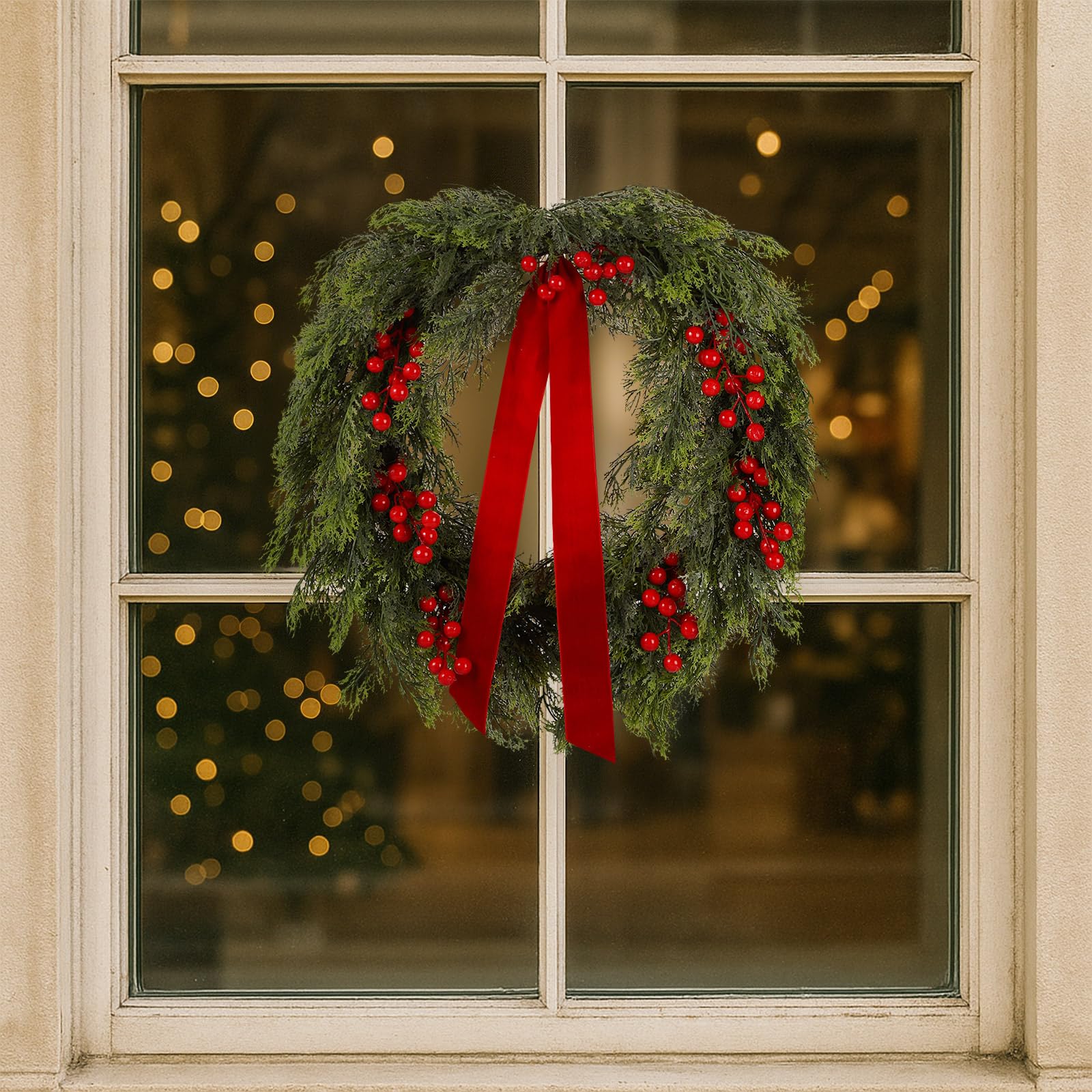 Suncalla 24'' Artificial Cedar Wreath for Front Door Christmas Wreaths Faux Cedar Decorated with Berry and Ribbons Xmas Wreath f