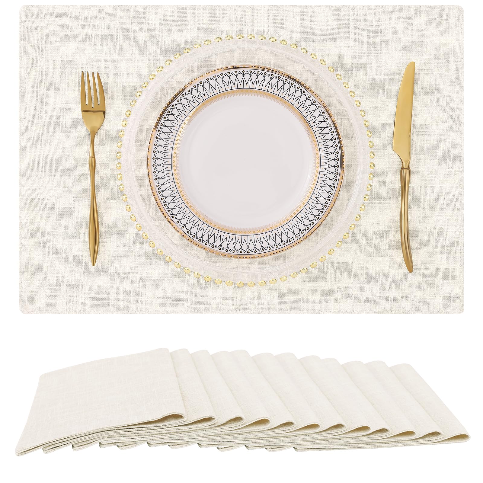 Homing Cream Cloth Placemats Set Of 12 - Cotton Linen Blend Washable Farmhouse Dining Table Mats For Indoors & Outdoors, Easy To