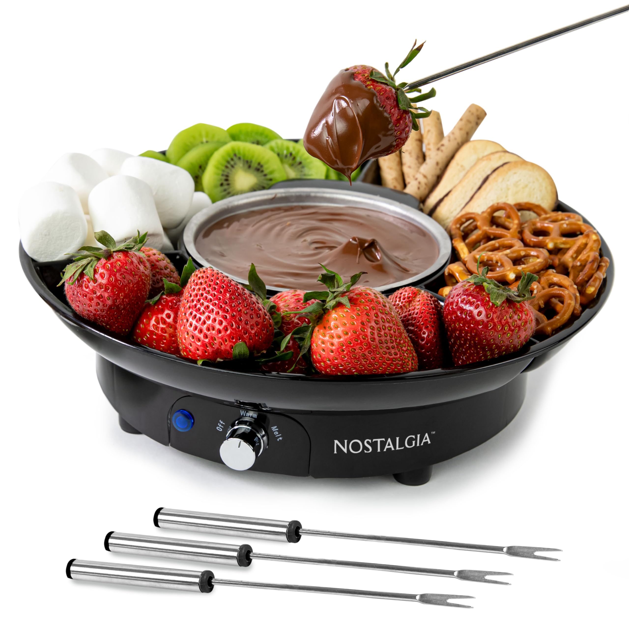 Nostalgia 10 Oz Electric Fondue Pot Set for Cheese & Chocolate - 4 Dipping Forks, 3-Section Food Tray - Kitchen Gadgets and Appl