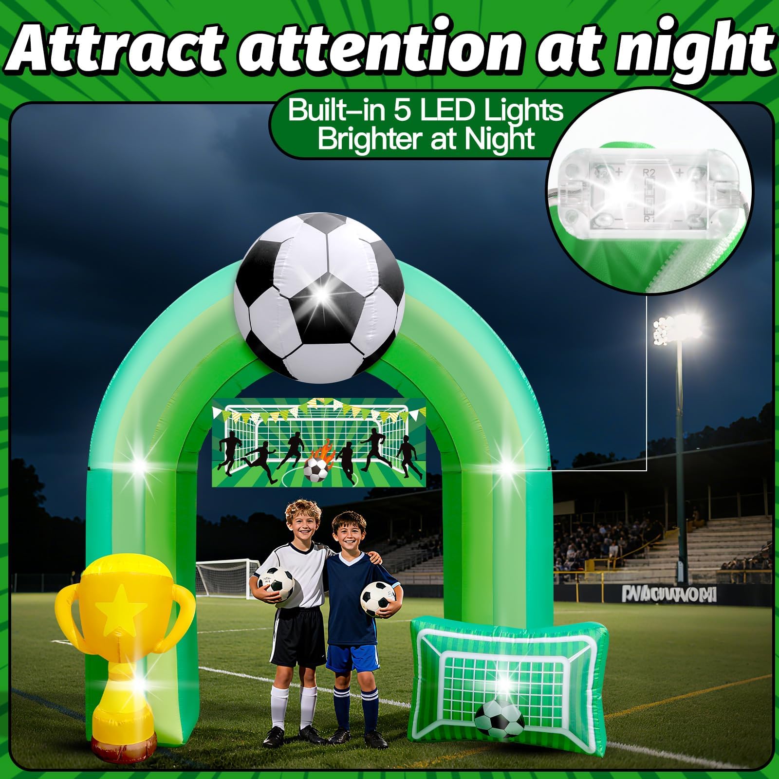 9 FT Giant Soccer Inflatable Arch for Soccer Birthday Party Decoration with Goal    Banner 1 Blower and 5 LED Light for Soccer F