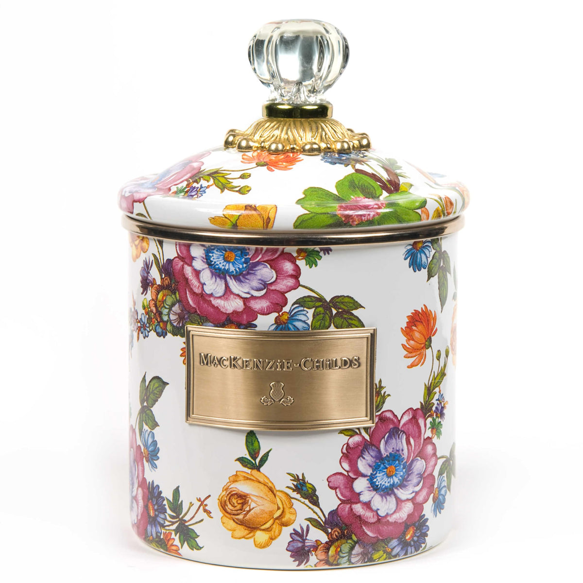 Mackenzie-Childs Small Enamel Canister, Kitchen Storage Container For Flour And Sugar, 1.13 Liters, White Flower Market