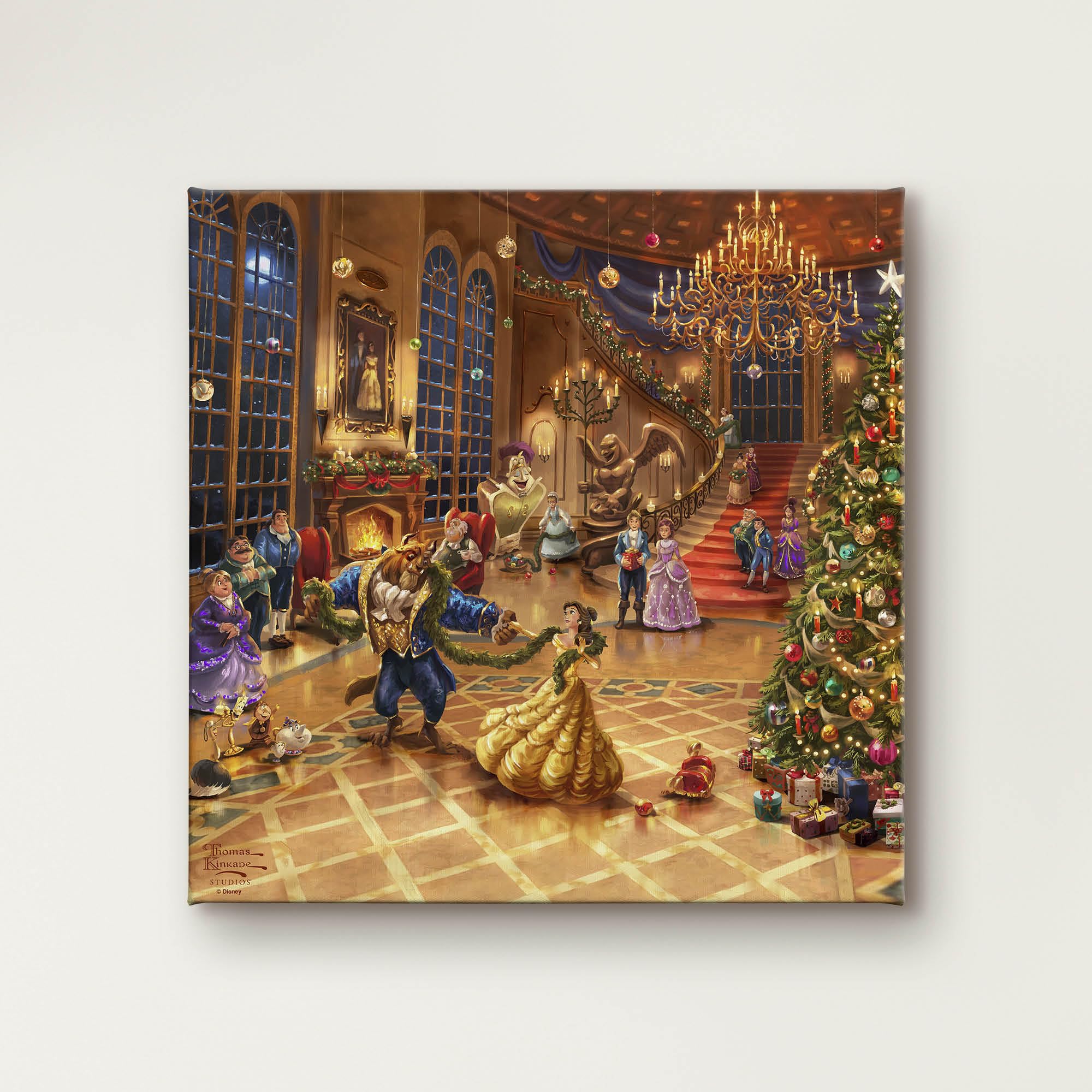 Thomas Kinkade Gallery Wrapped Canvas Art - Beauty & The Beast Christmas Celebration - 14" x 14" - Certificate of Authenticity Included